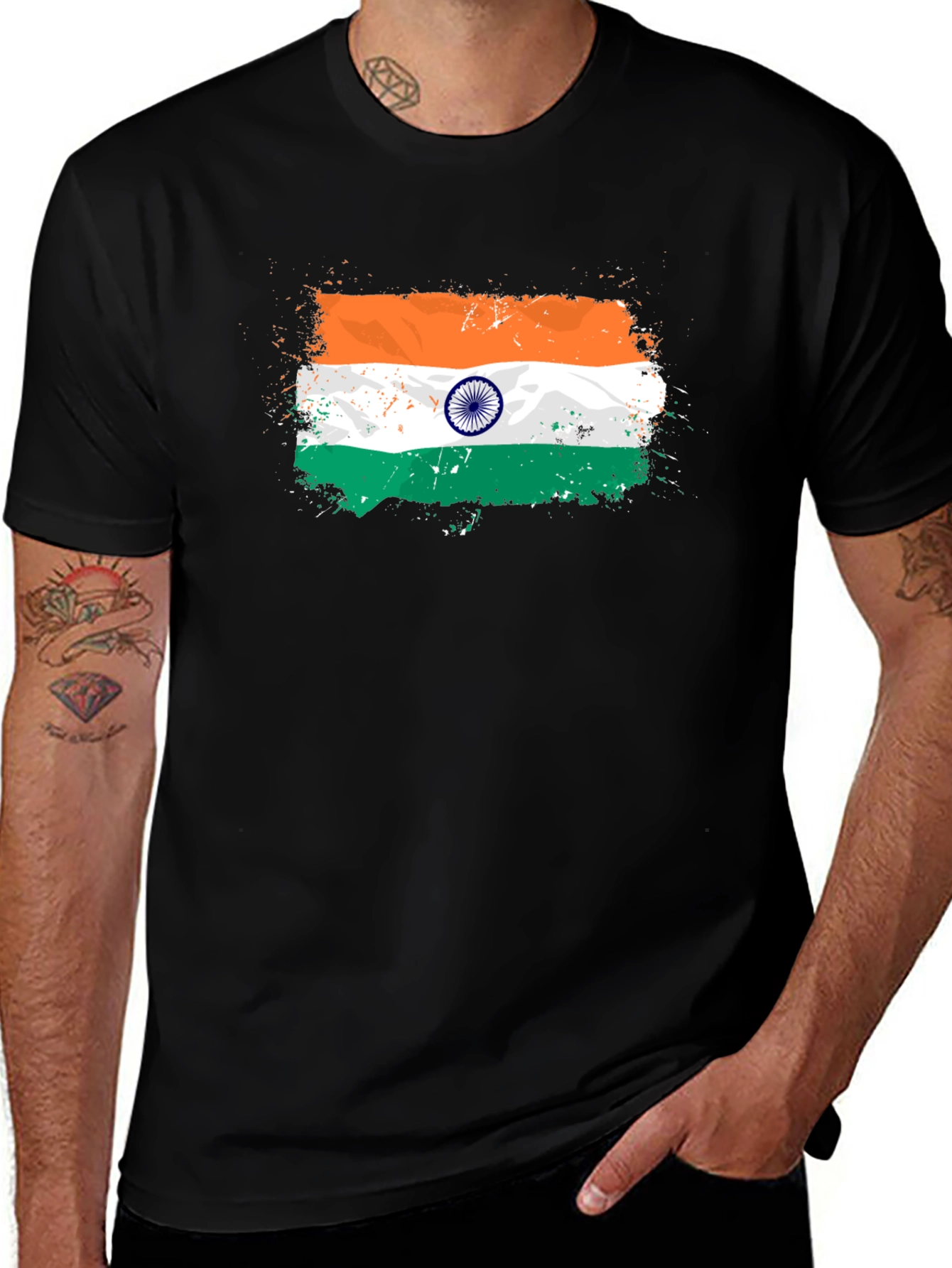 India Flag Splatter Tee - Black Graphic T-Shirt