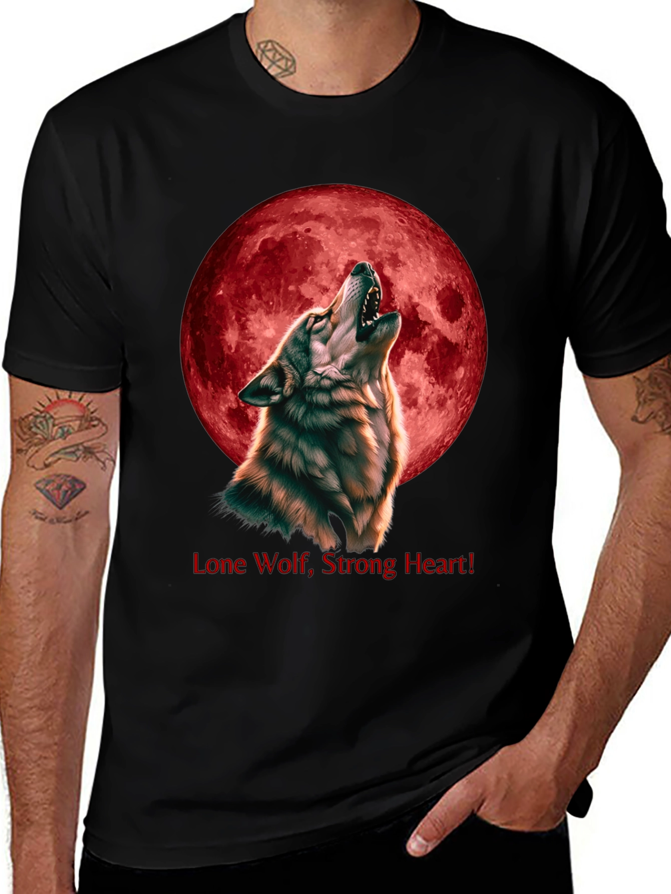 Variant 30 of Wolf Howling at Red Moon T-Shirt - Lone Wolf, Strong Heart