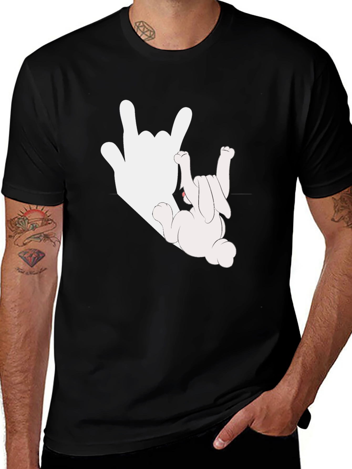 Variant 18 of Rock On Bunny Graphic Tee - Black Cotton T-Shirt