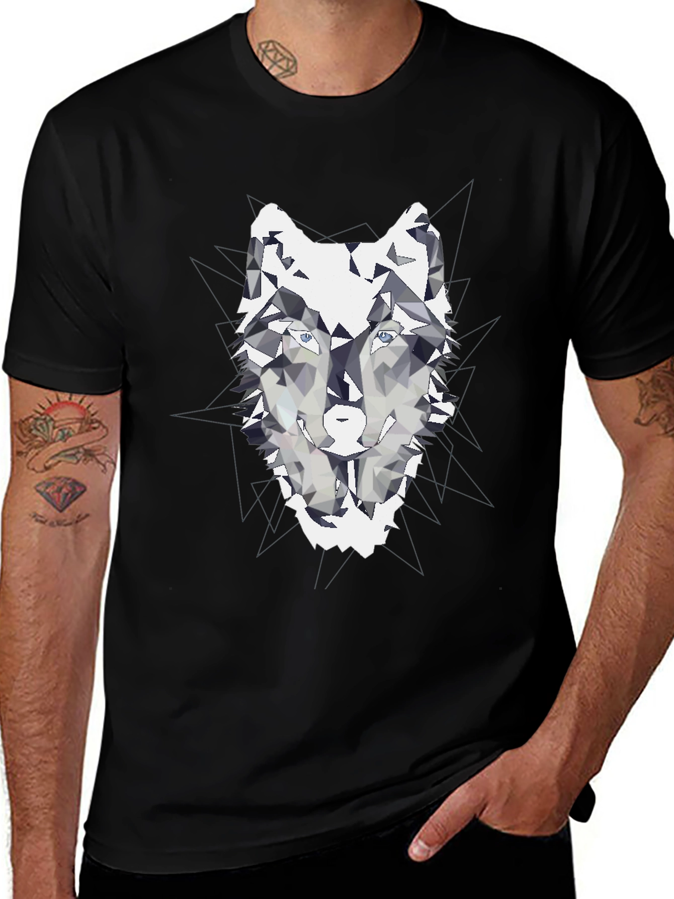 Variant 5 of Geometric Wolf Graphic Tee - Modern Men's Black T-Shirt