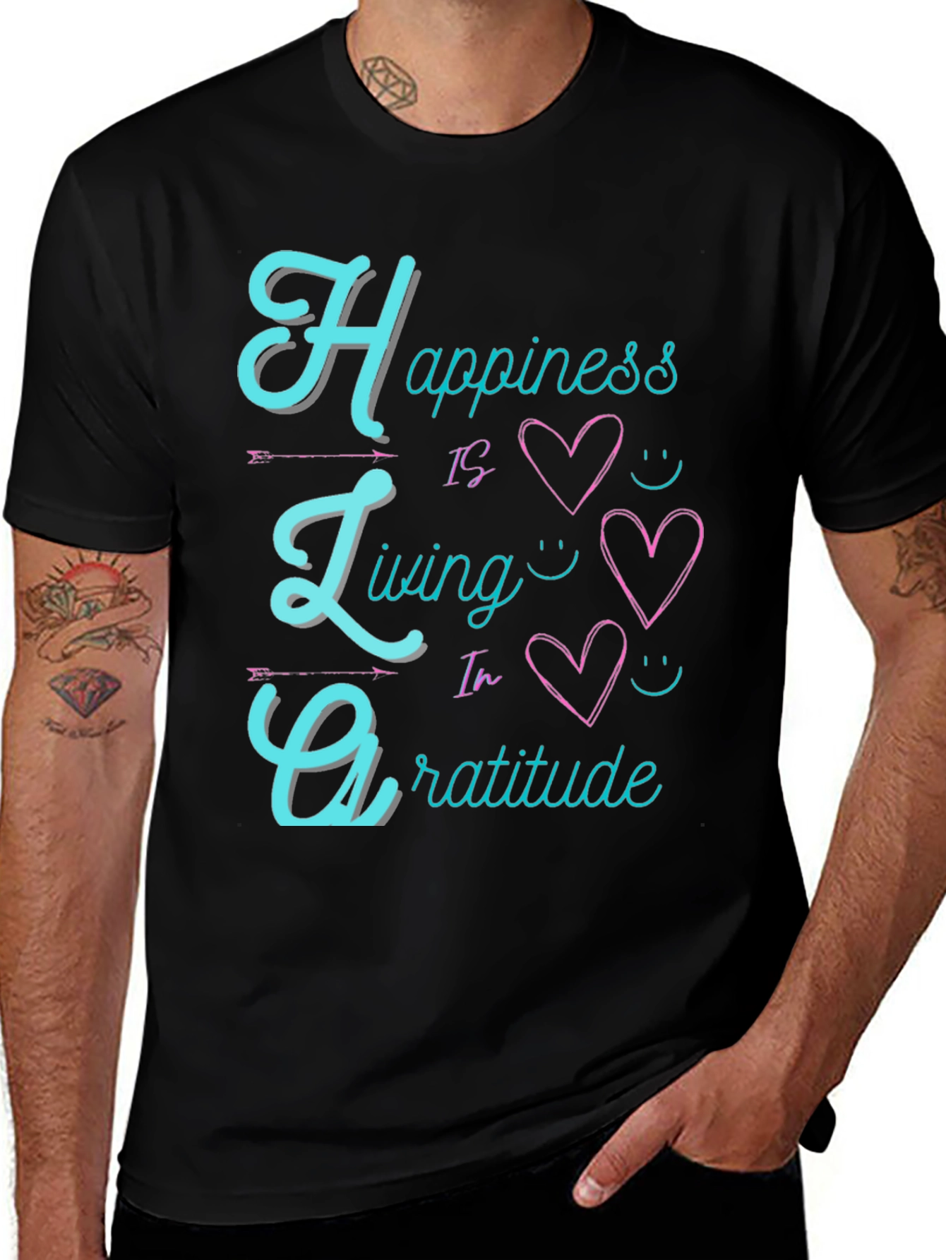 Variant 7 of Happiness Living Gratitude Black T-Shirt