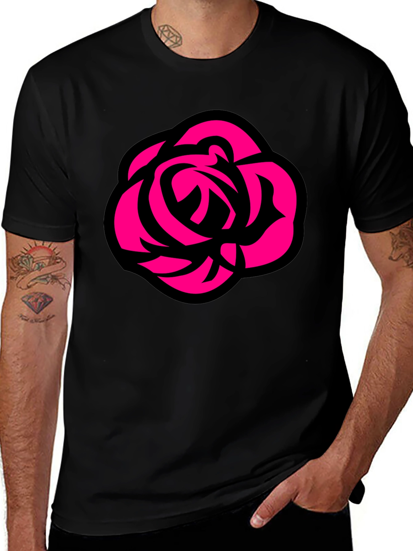 Bold Rose Graphic Tee - Black Cotton Casual T-Shirt