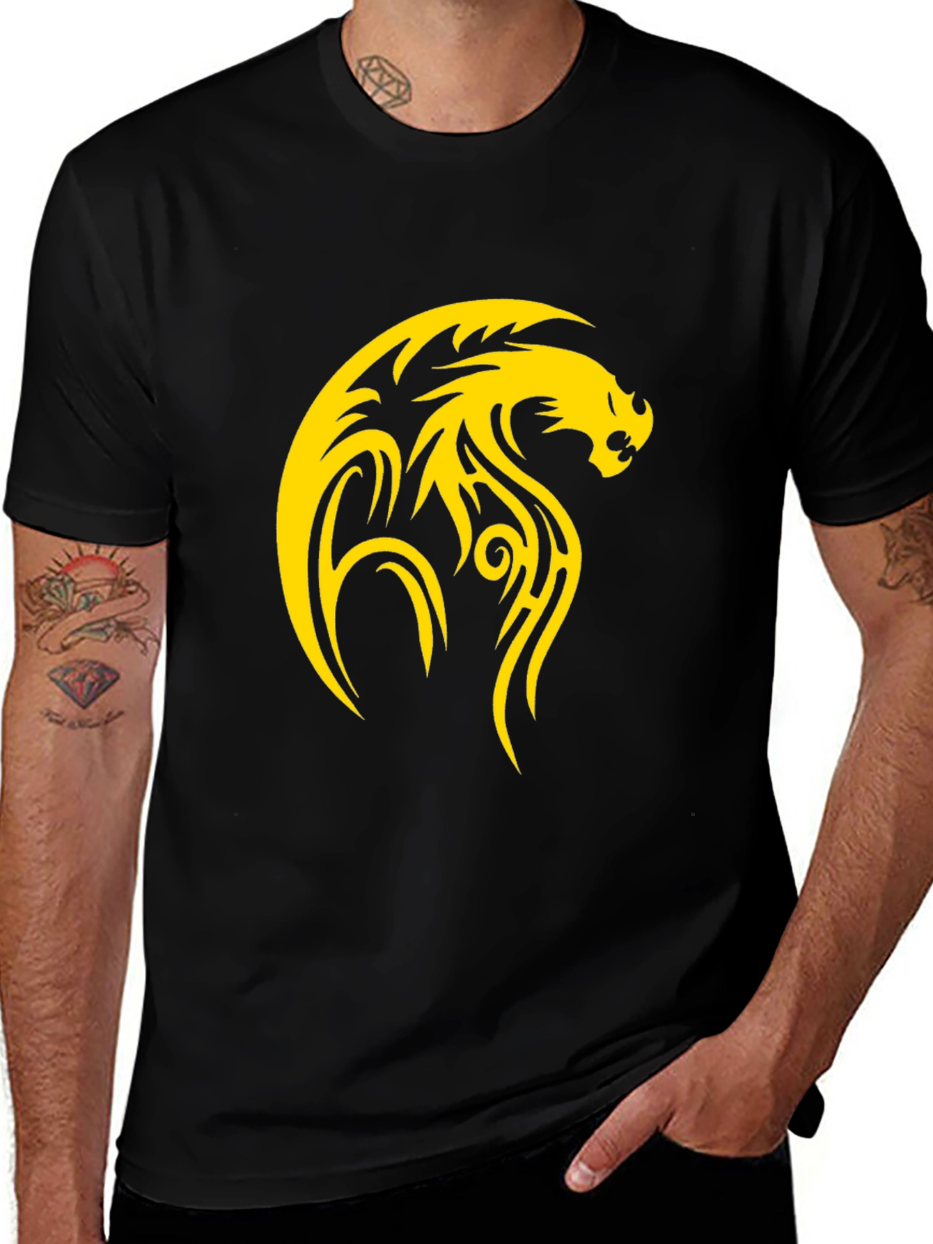 Variant 17 of Men's Black T-Shirt with Yellow Dragon Design