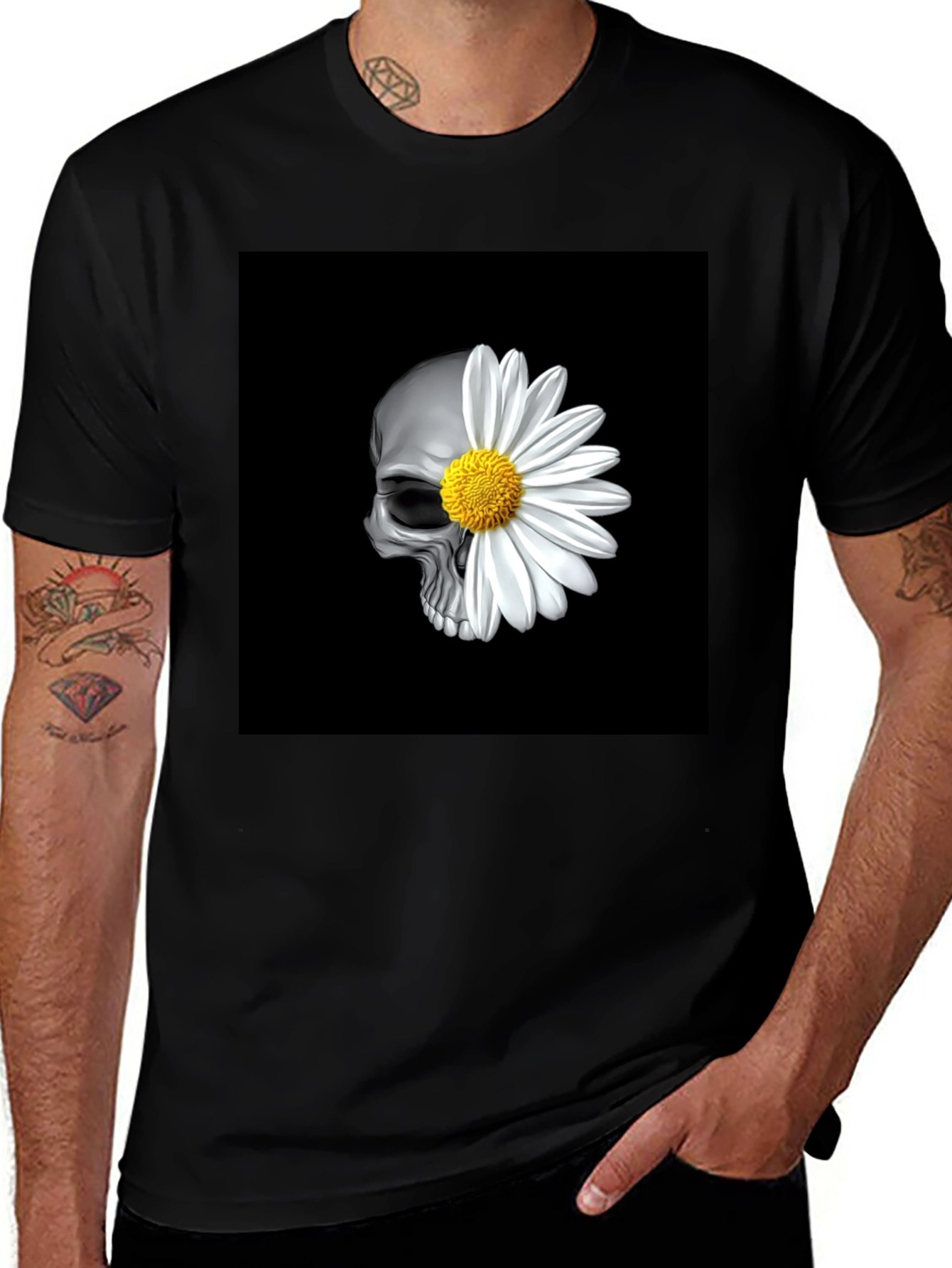 Variant 19 of Skull & Daisy Graphic Tee - Stylish Black T-Shirt