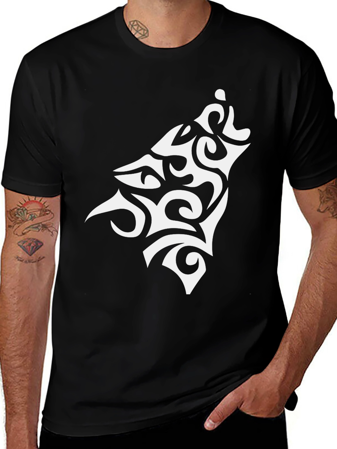 Variant 17 of Black Tribal Wolf Graphic Tee - Men's Fashion
