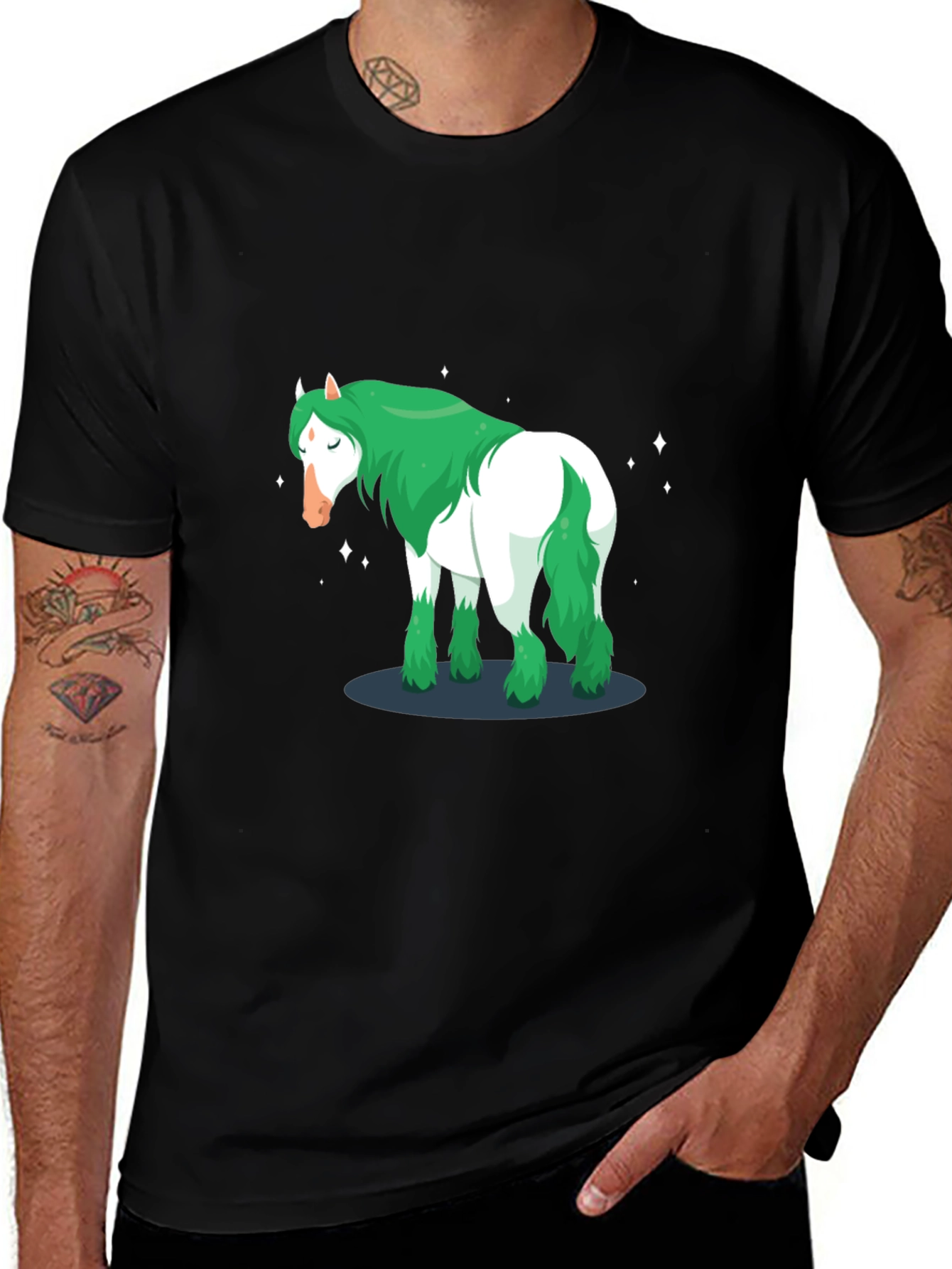 Green Haired Horse Graphic Tee - Black Cotton Shirt