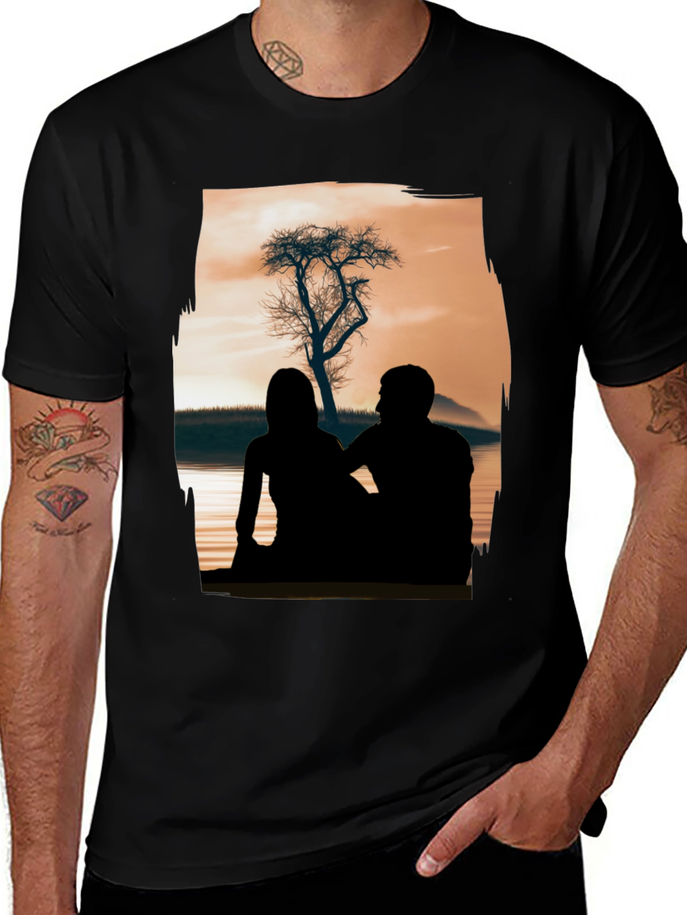 Variant 15 of Silhouette Couple Tree Graphic Tee - Black