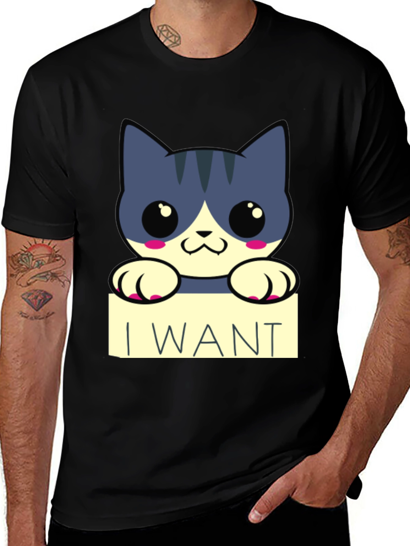 Variant 4 of Cute Cartoon Cat I Want T-Shirt - Black