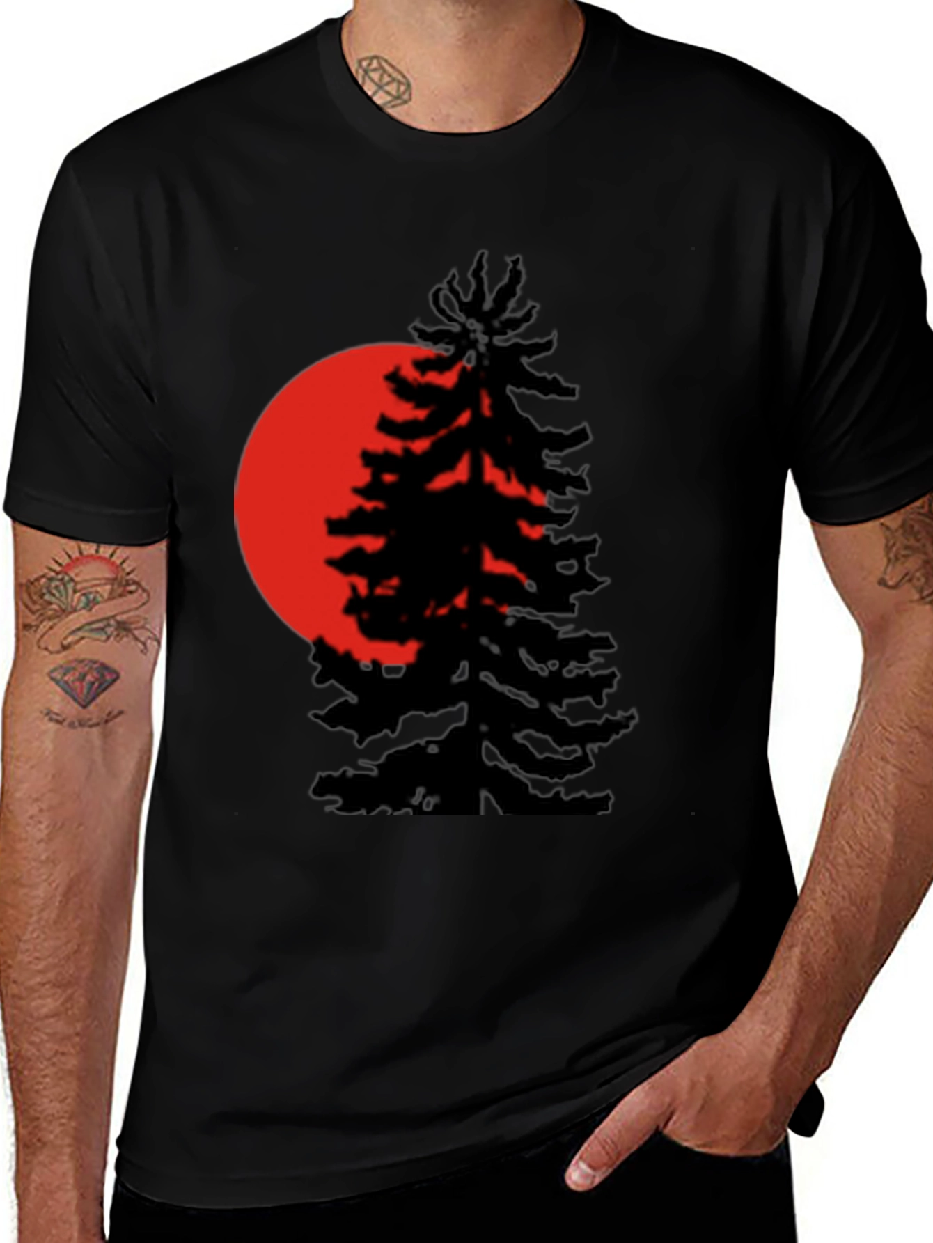 Variant 13 of Red Sun Pine Tree Graphic Tee - Men's Black T-Shirt
