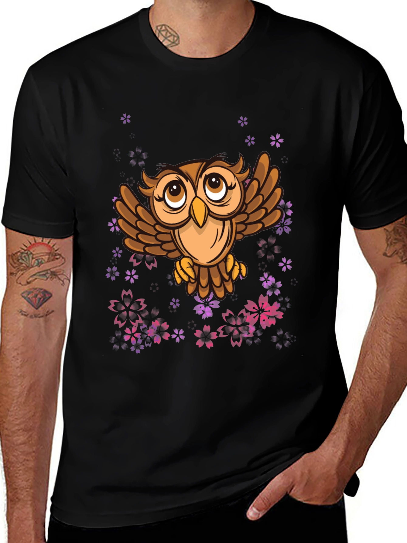 Variant 3 of Owl & Floral Print Black T-Shirt