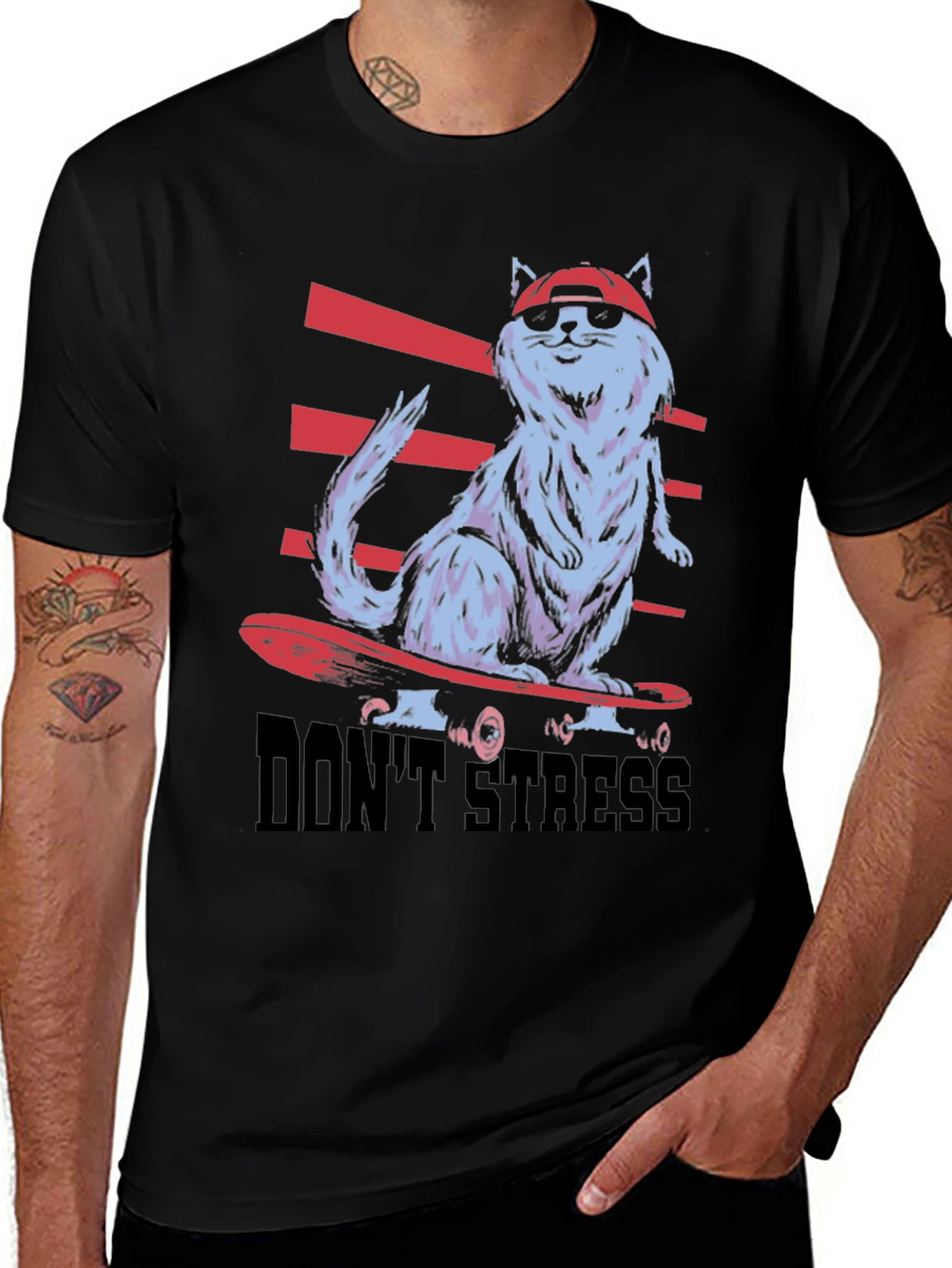 Variant 8 of Cool Cat Skateboard T-Shirt - Don't Stress