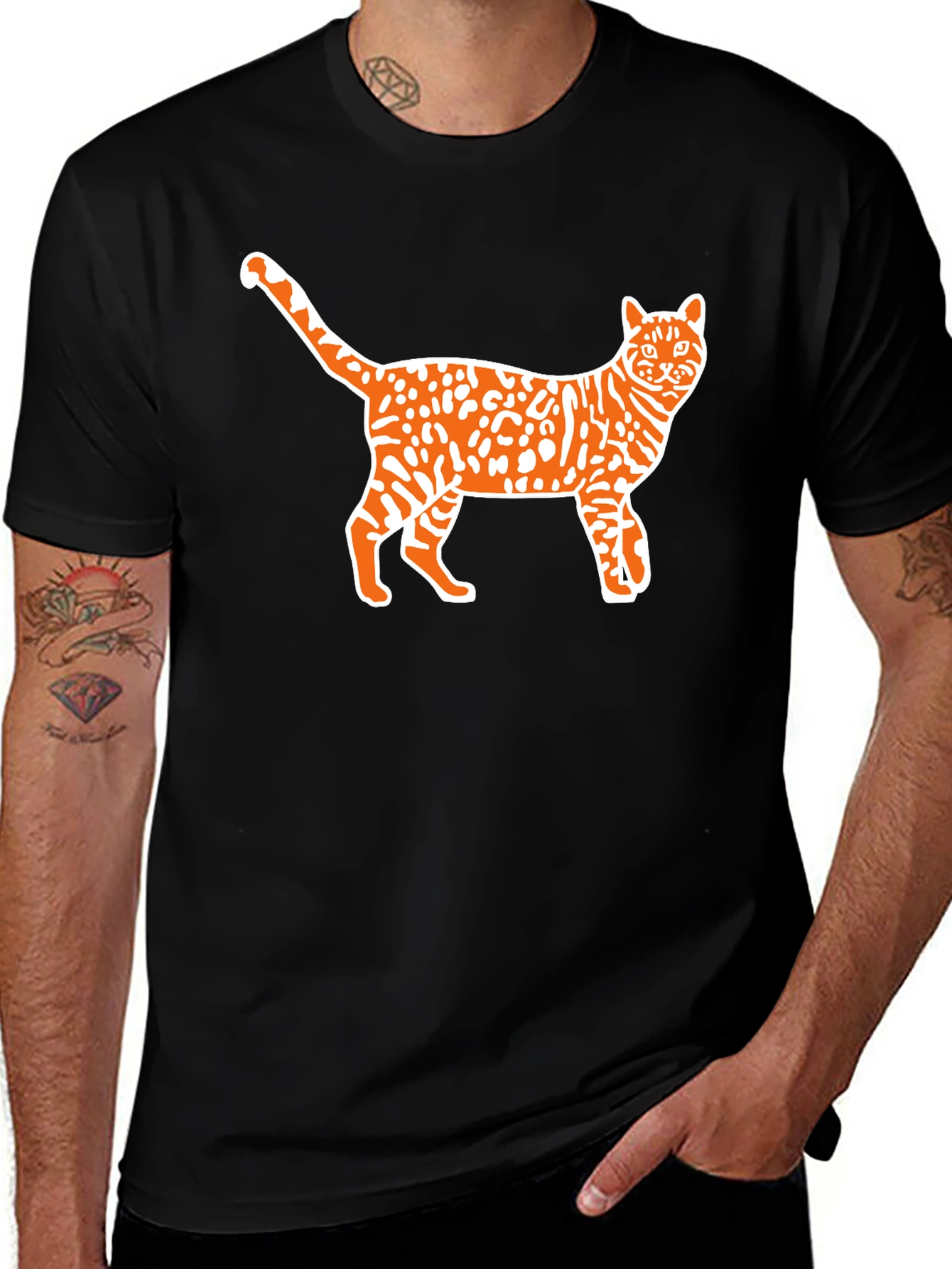 Variant 9 of Orange Cat Print Black T-Shirt