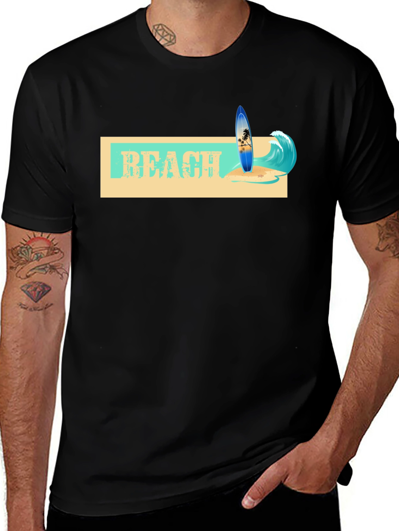 Variant 10 of Beach Surfboard Graphic T-Shirt - Black Cotton Tee