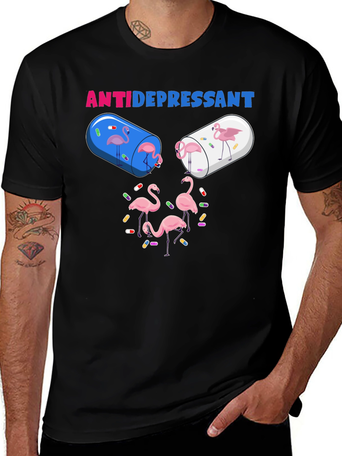 Variant 8 of Antidepressant Flamingo Pill Funny Graphic T-Shirt