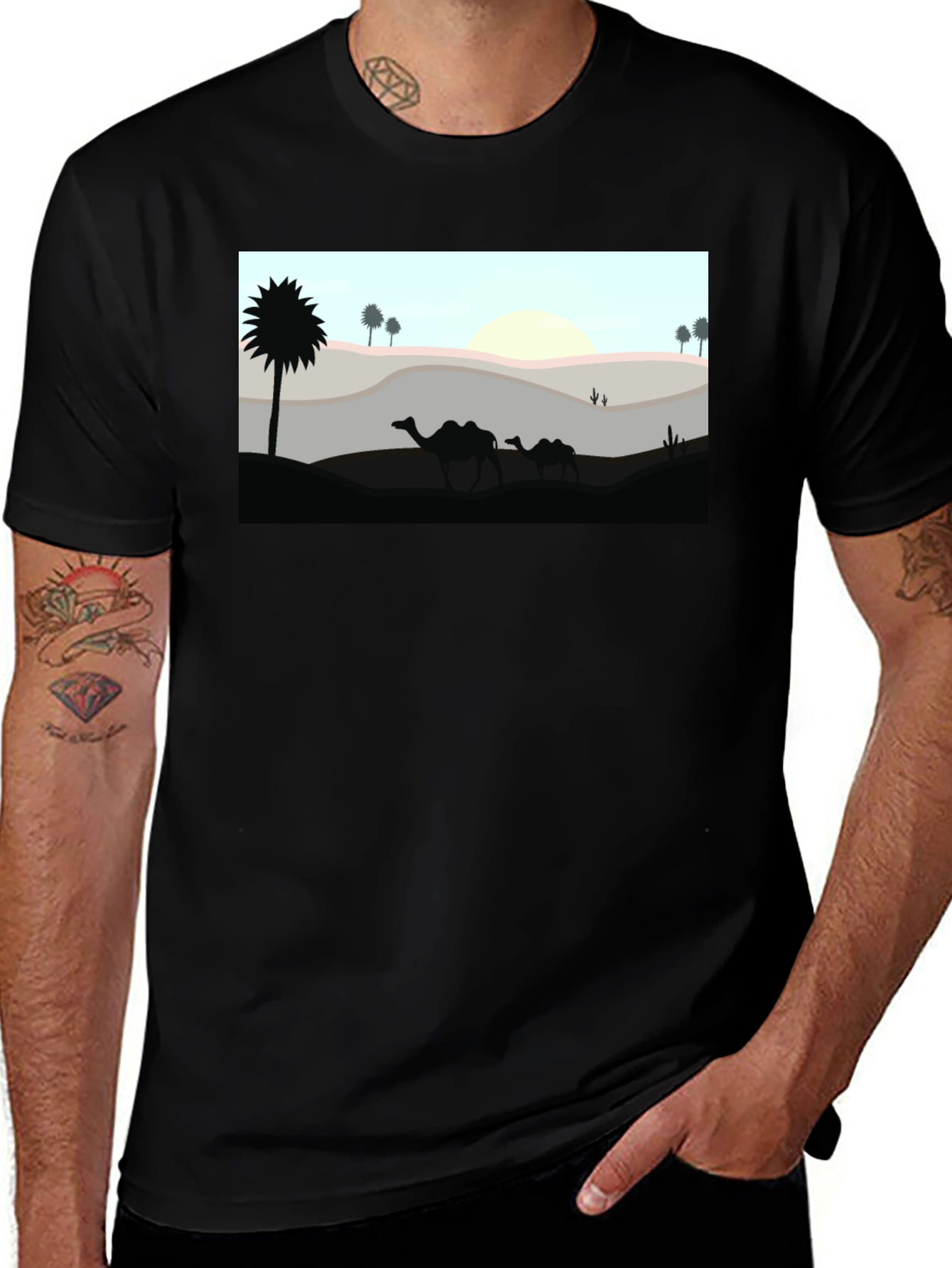 Variant 6 of Desert Camel Silhouette Graphic Tee - Black Cotton T-Shirt
