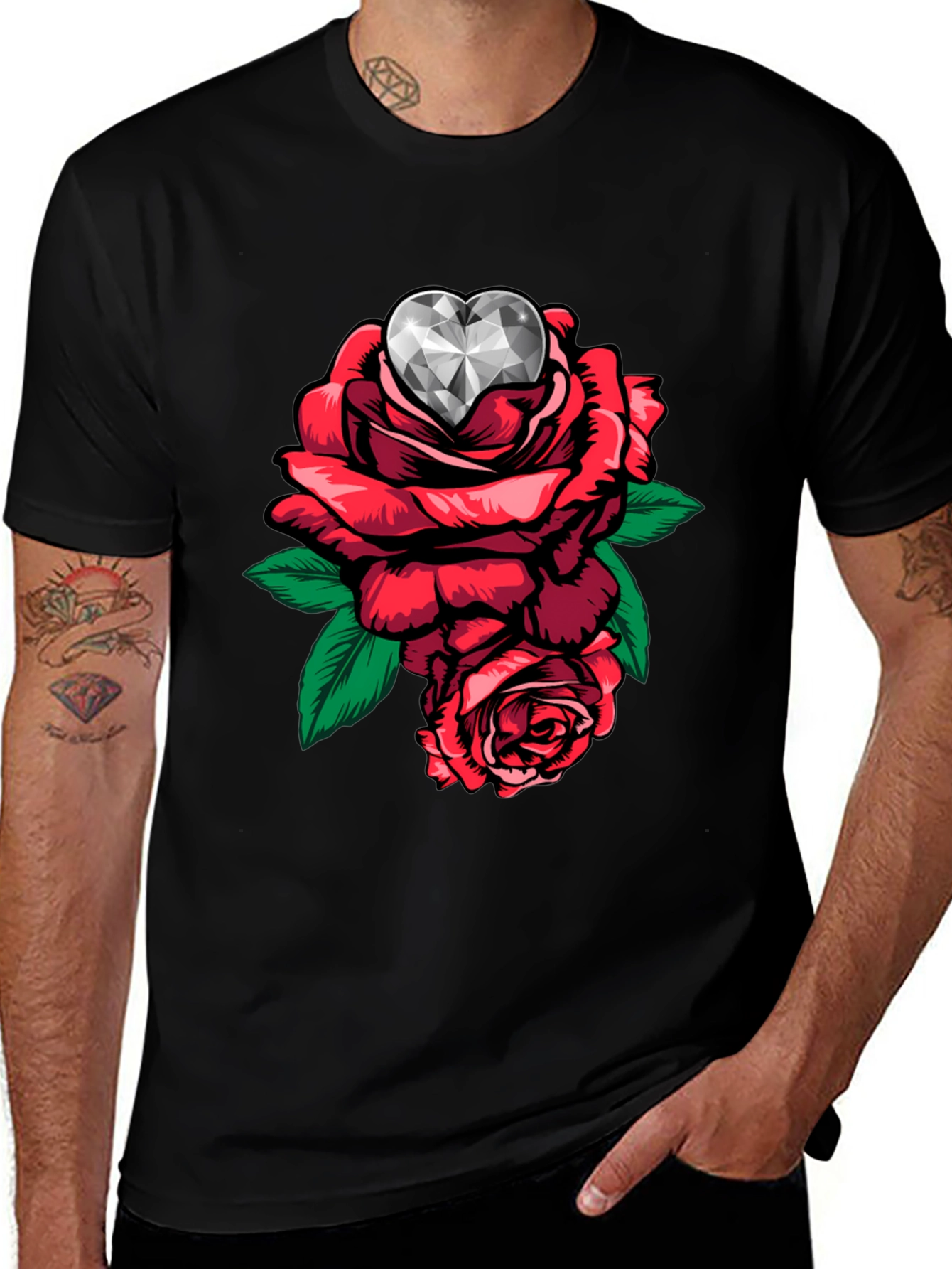 Rose & Diamond Heart Graphic T-Shirt - Black