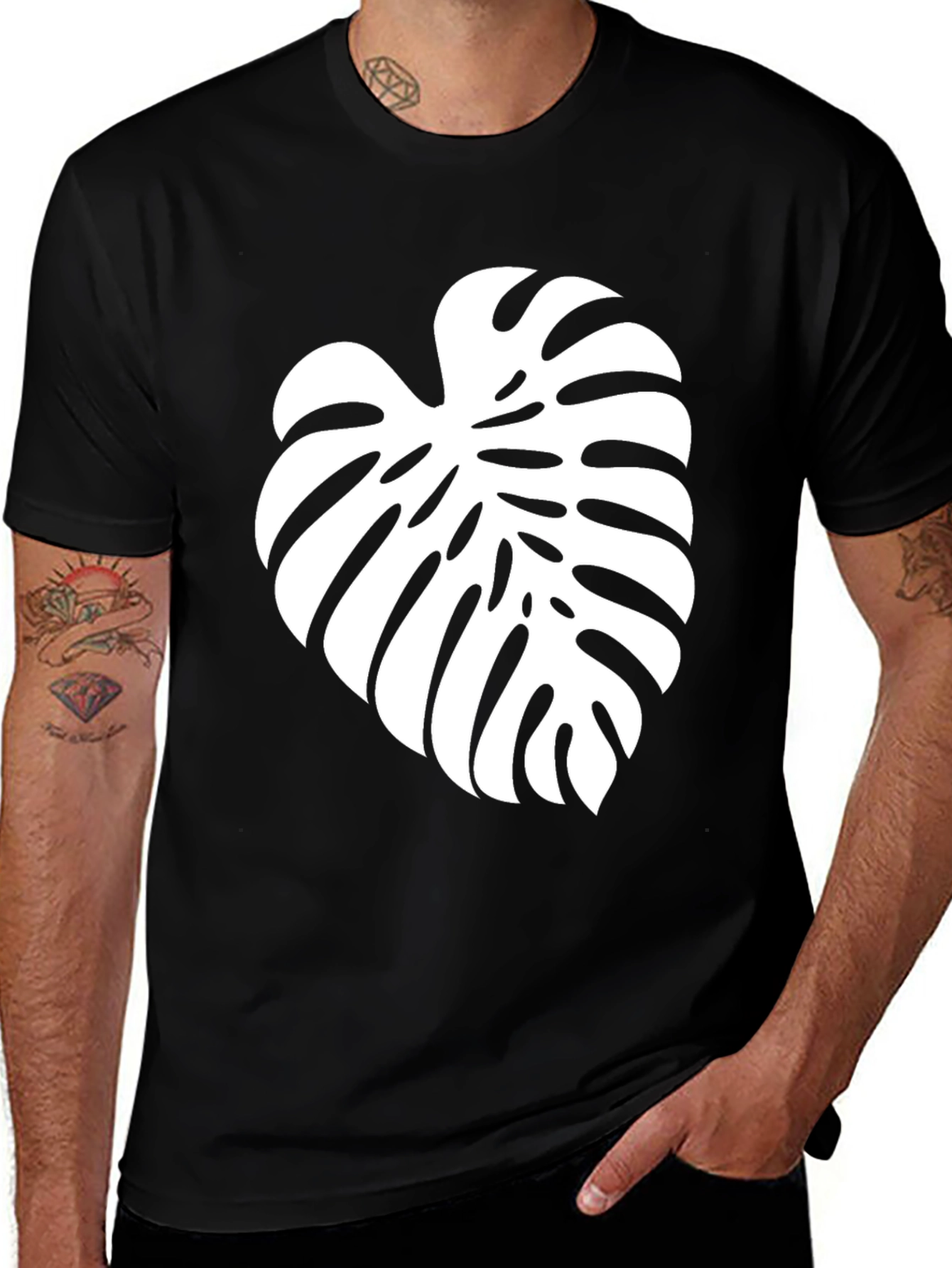 Variant 9 of Tropical Leaf T-Shirt - Black Cotton Blend