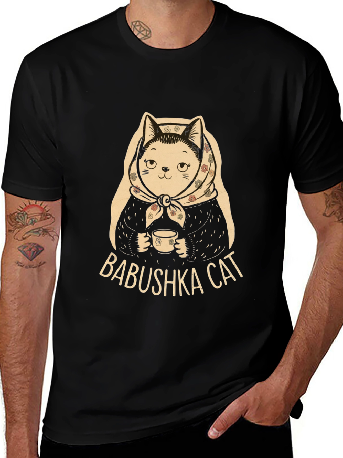 Variant 20 of Babushka Cat Black T-Shirt
