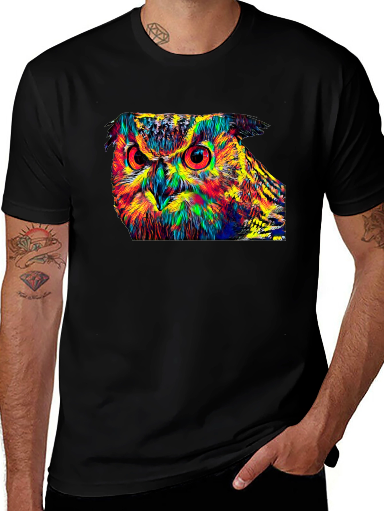 Variant 25 of Vivid Owl Graphic Black T-Shirt - Unique Artistic Design
