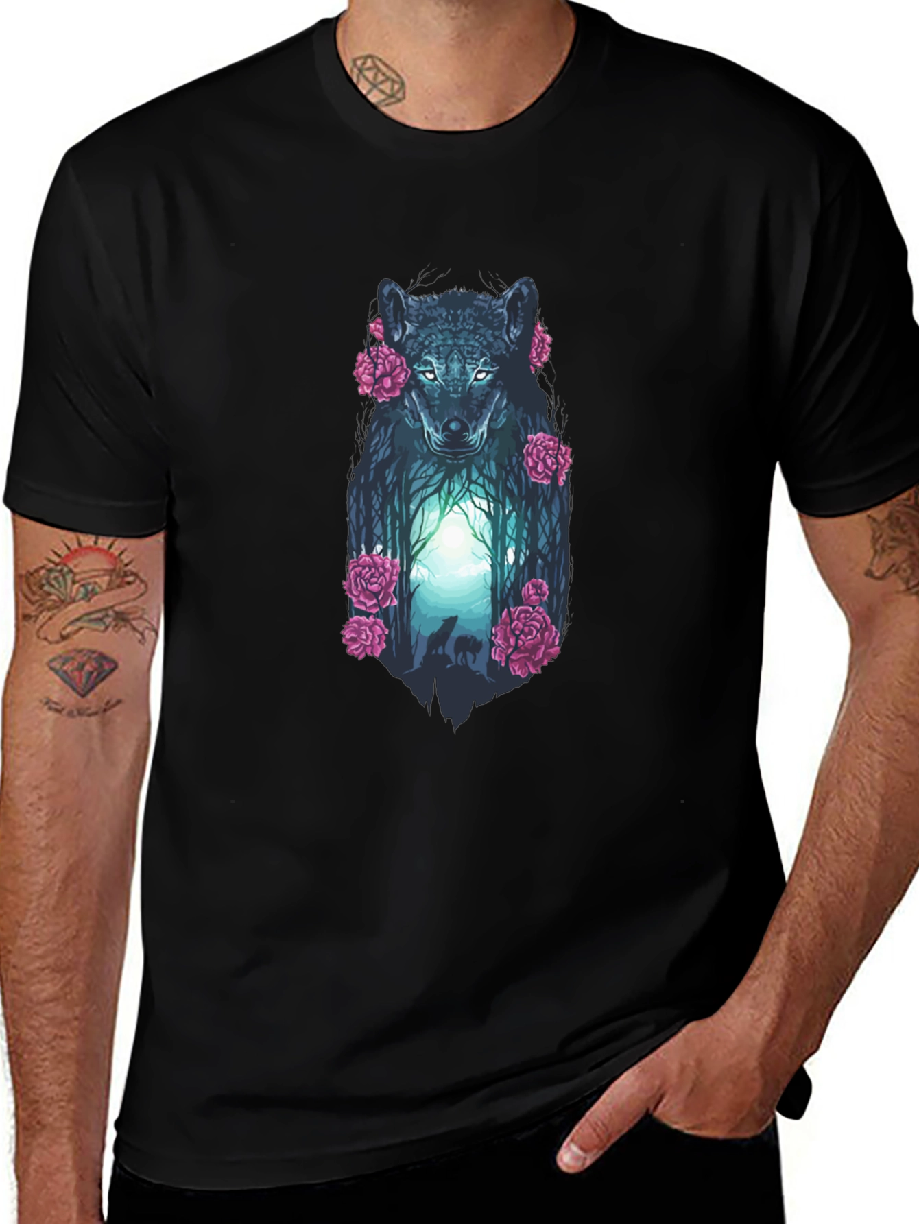 Variant 12 of Wolf & Roses Graphic Tee - Black Cotton Blend
