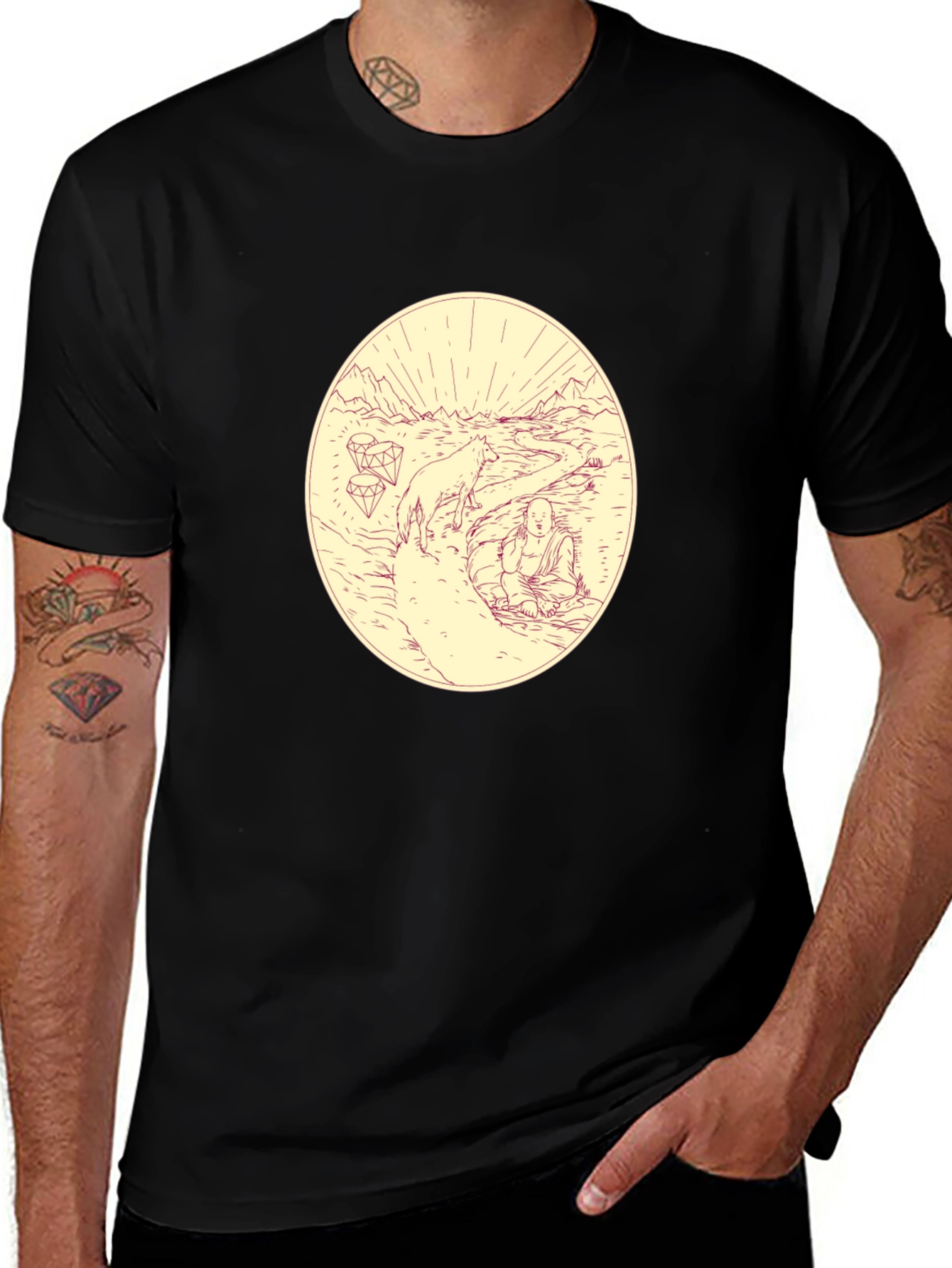 Variant 4 of Meditative Wolf Graphic Tee - Black Cotton Blend Shirt