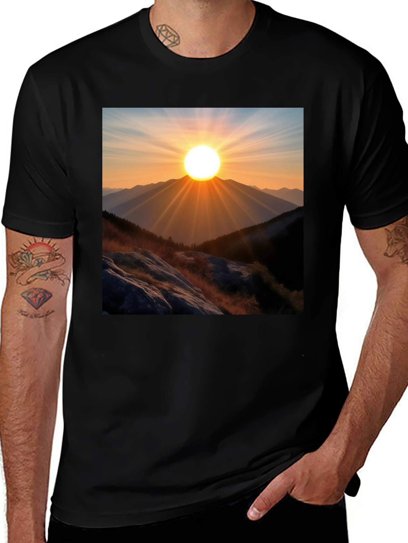 Variant 5 of Sunrise Over Mountains Graphic Tee - Black Cotton Blend