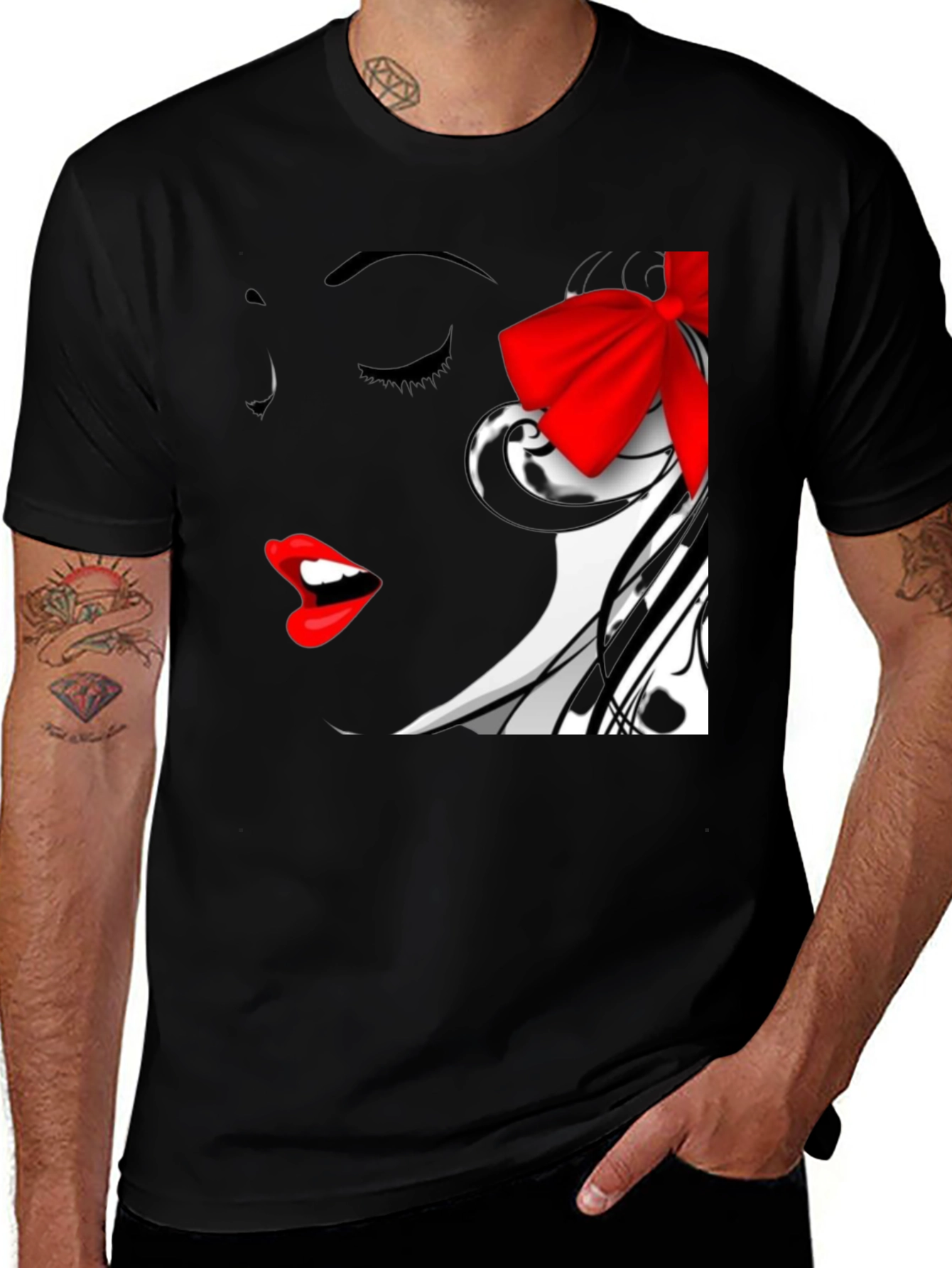 Variant 22 of Woman Portrait Black T-Shirt with Red Bow