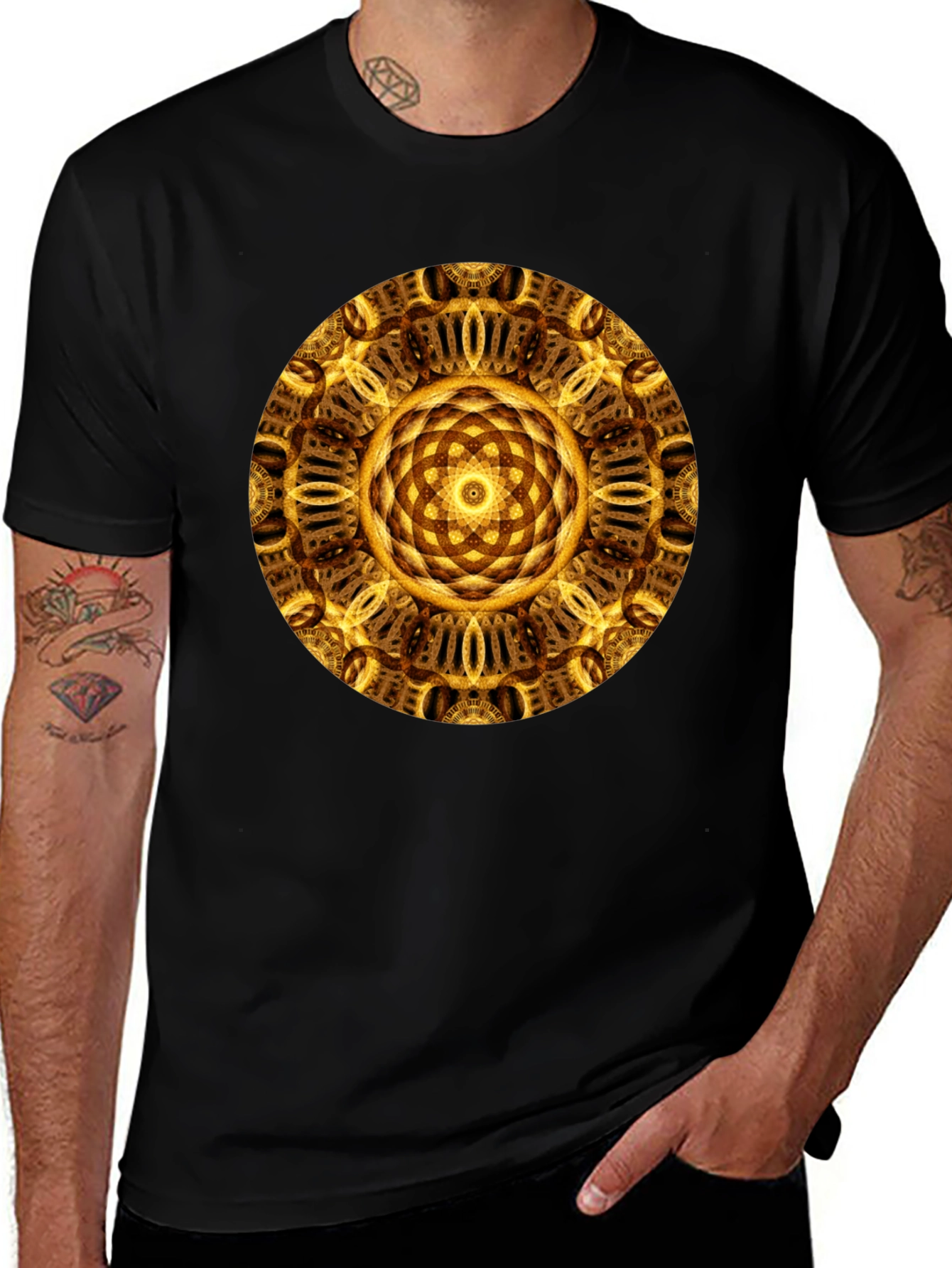 Variant 29 of Golden Mandala Print Black T-Shirt