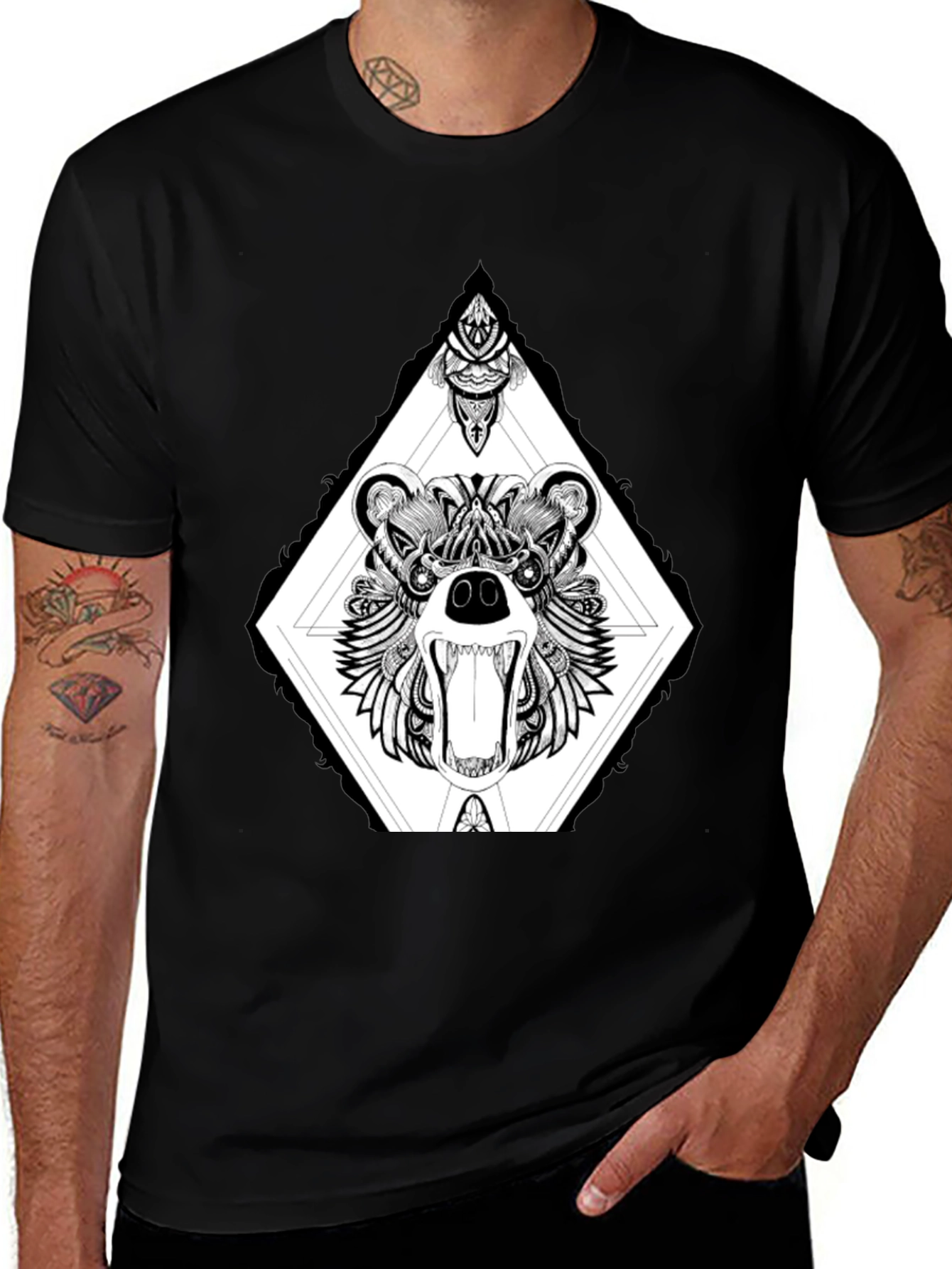 Variant 11 of Geometric Bear Graphic Tee - Black Cotton