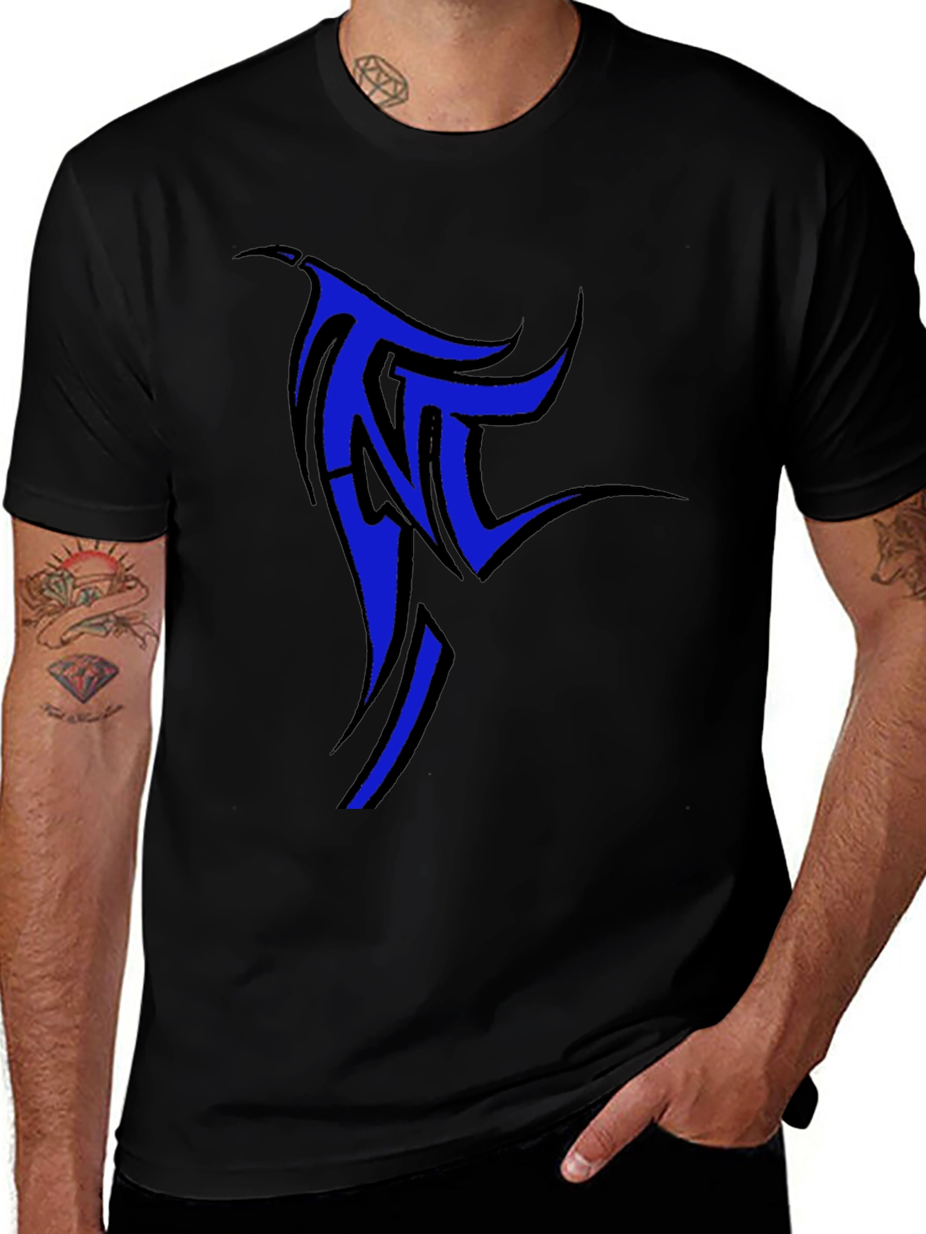 Variant 26 of Black T-Shirt with Blue Tribal Design