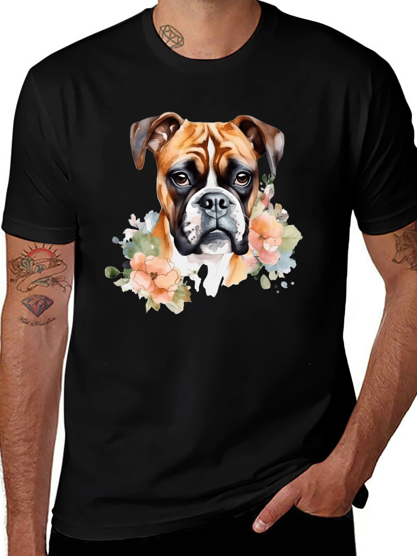 Boxer Dog Floral Graphic Tee - Black