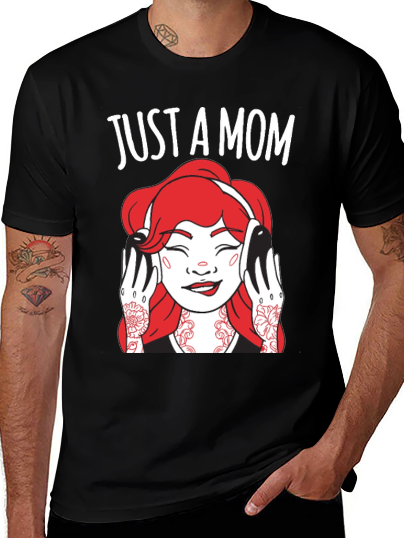 Variant 3 of Just A Mom Graphic Tee - Red Hair, Tattoos - Casual Black Shirt