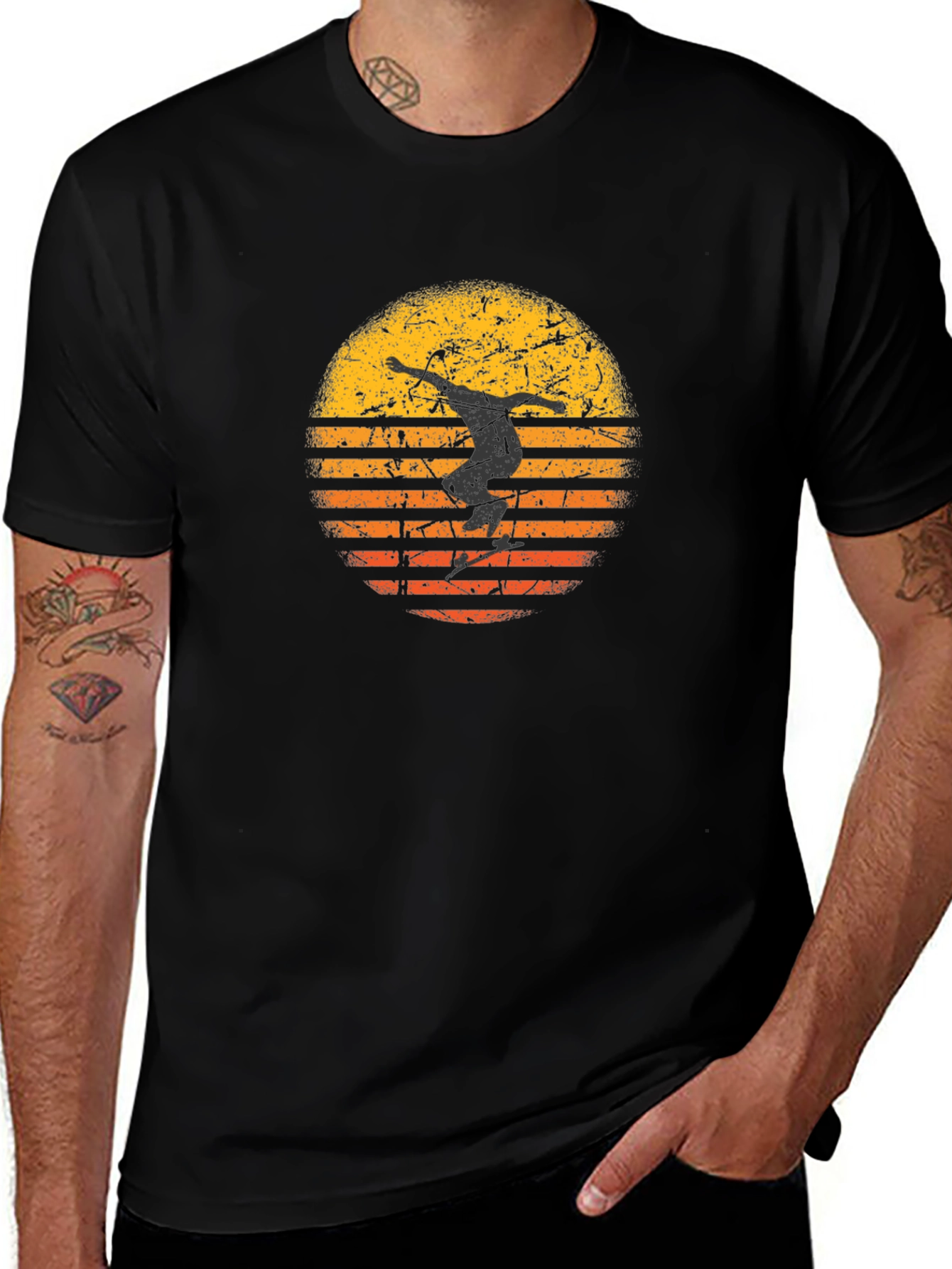 Variant 6 of Retro Skateboarder Sunset Graphic Tee - Black
