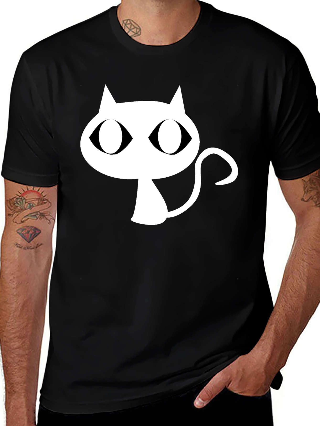 Variant 16 of Black T-Shirt with White Cat Graphic