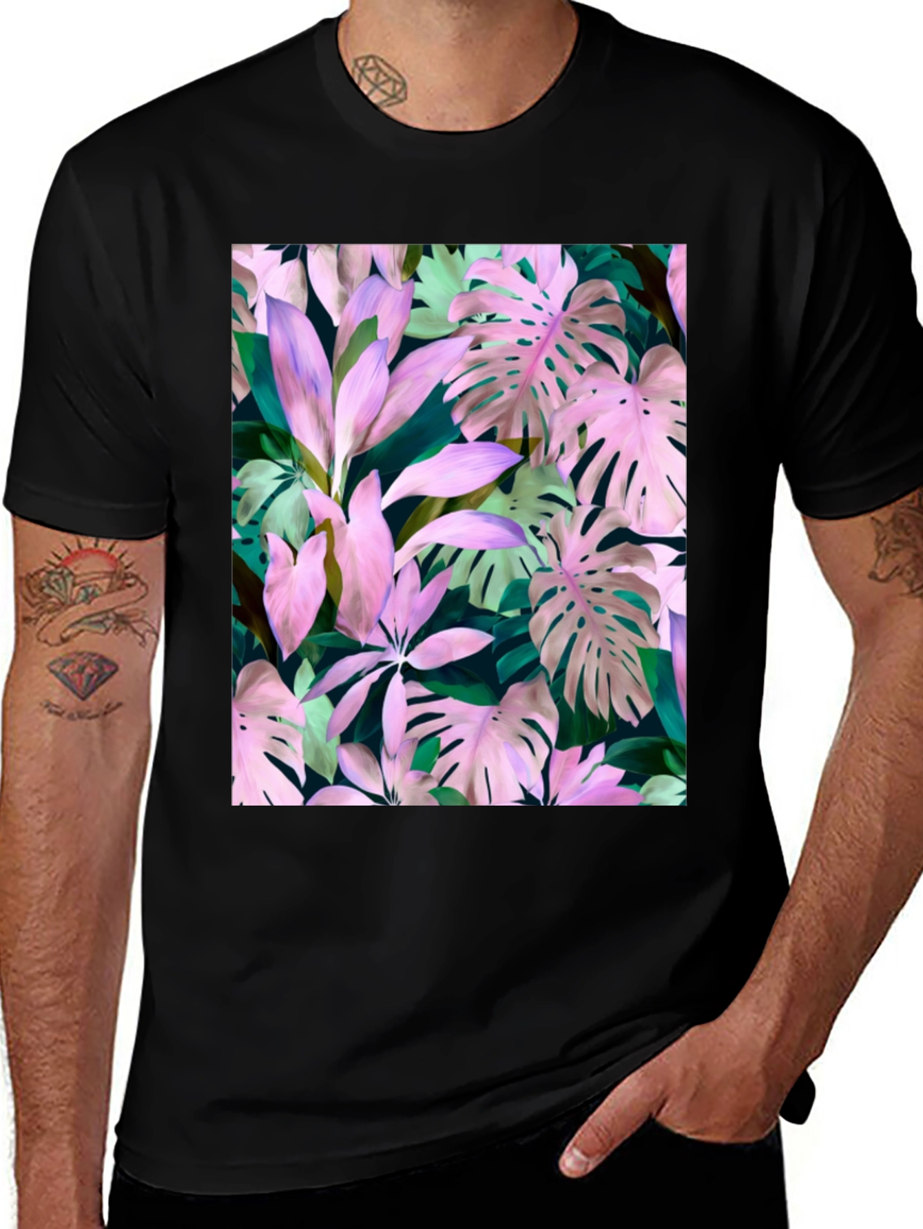 Tropical Leaf Print T-Shirt - Black