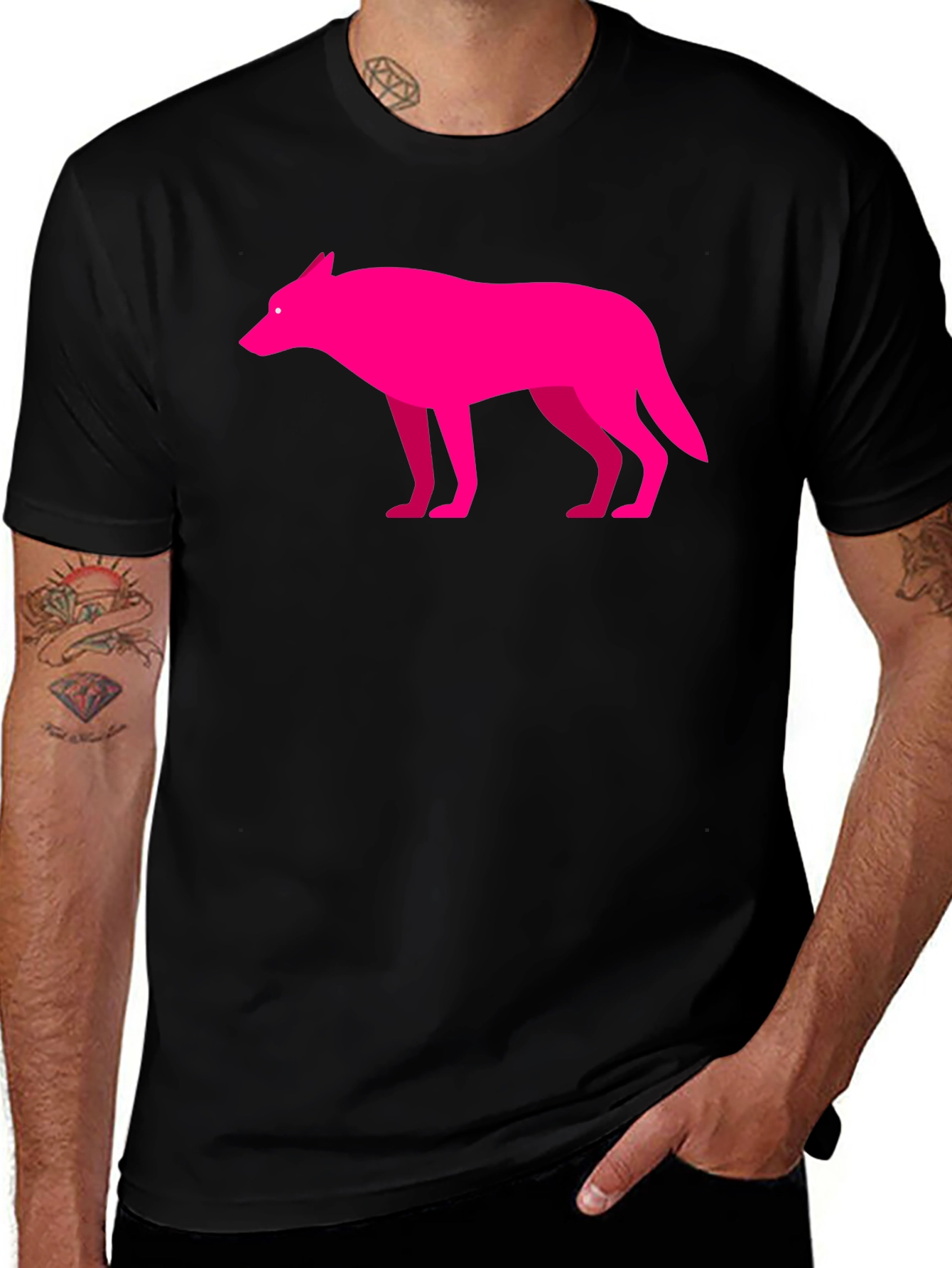 Modern Graphic Pink Wolf on Black T-Shirt