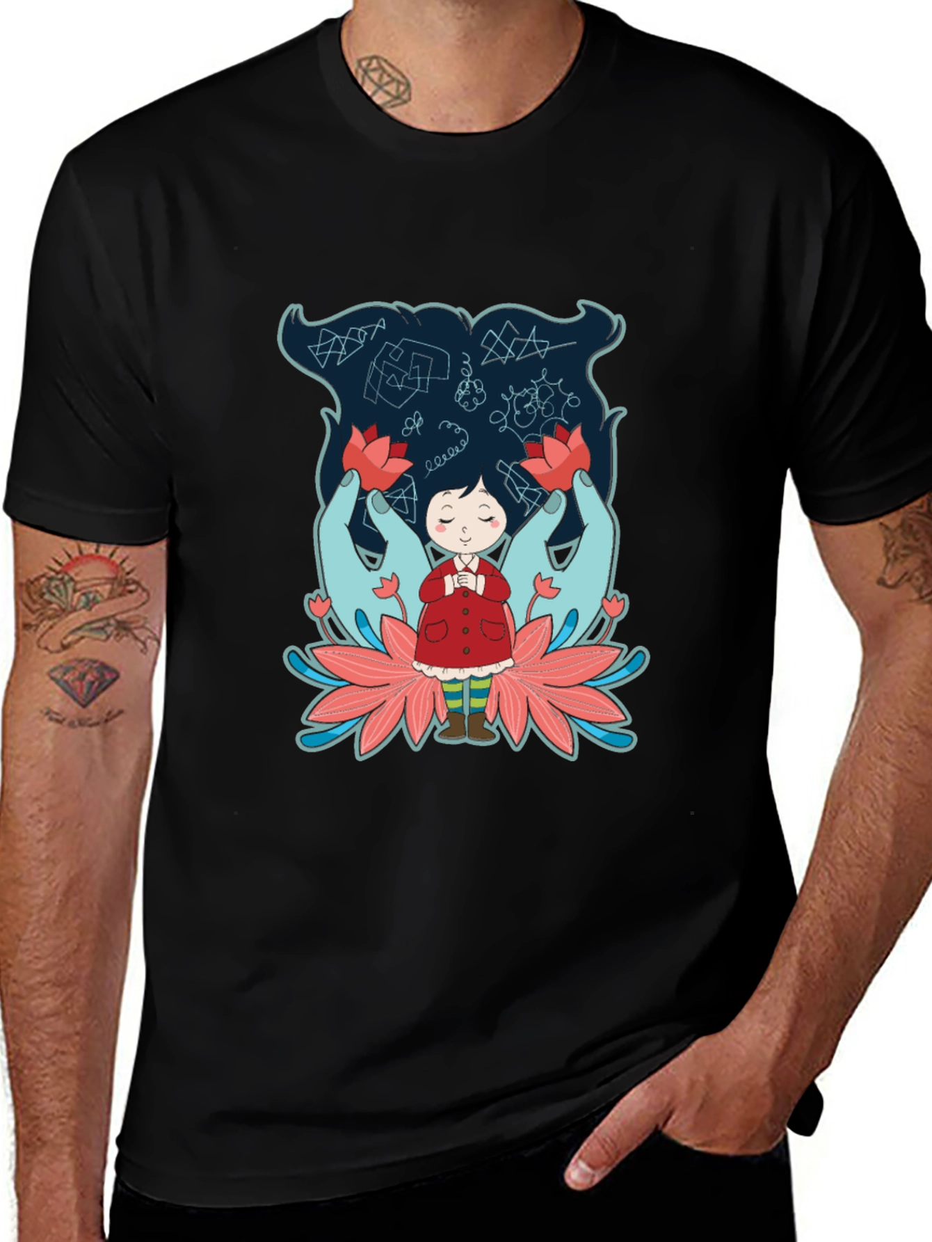 Variant 20 of Unique Graphic Tee: Girl, Hands, & Lotus Design