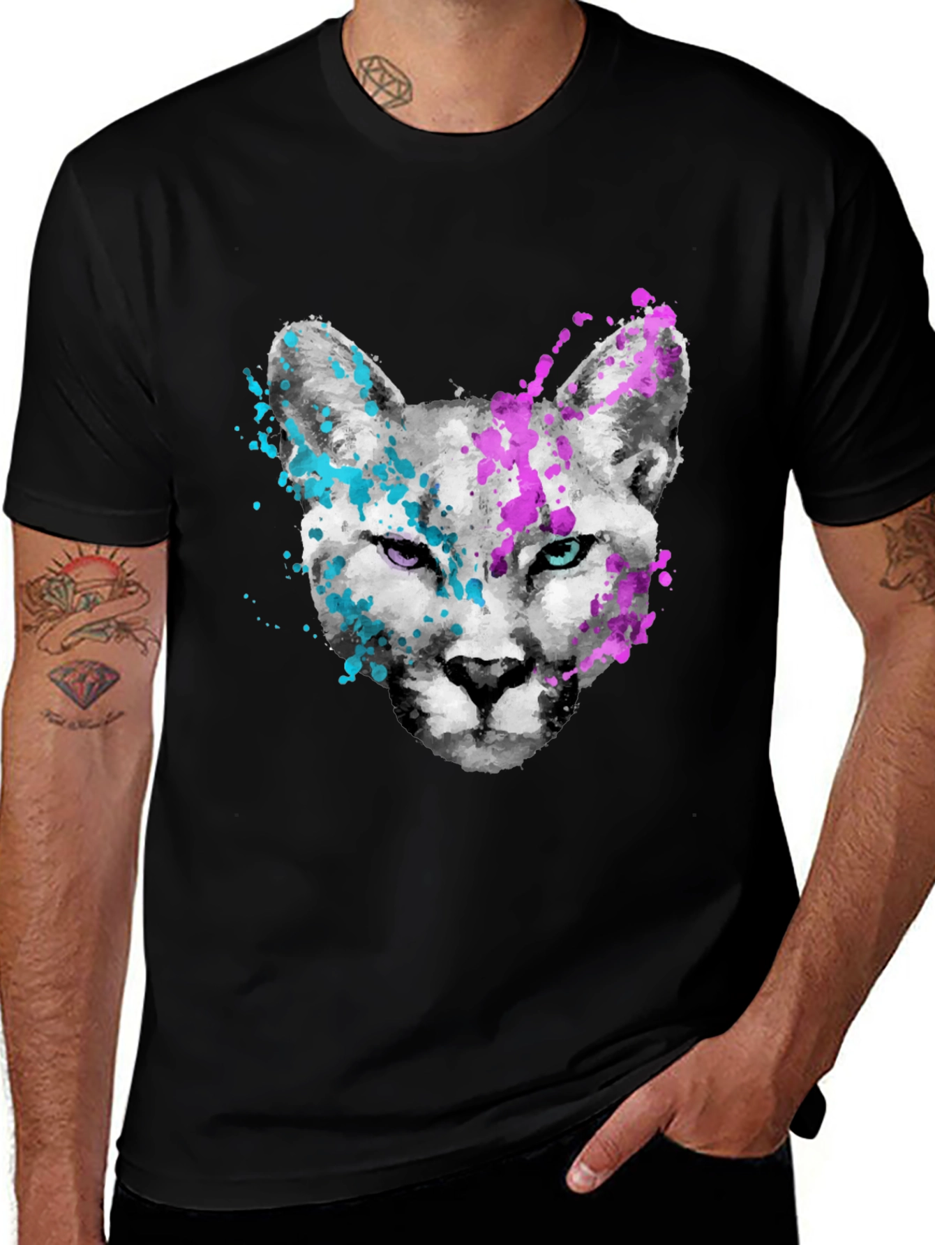 Variant 29 of Abstract Cat Graphic Tee - Men's Black T-Shirt