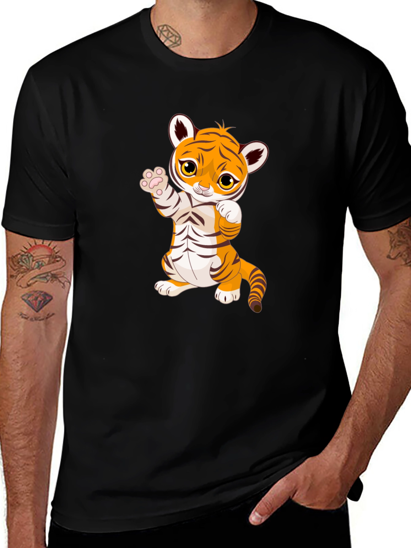 Cute Cartoon Tiger Black T-Shirt