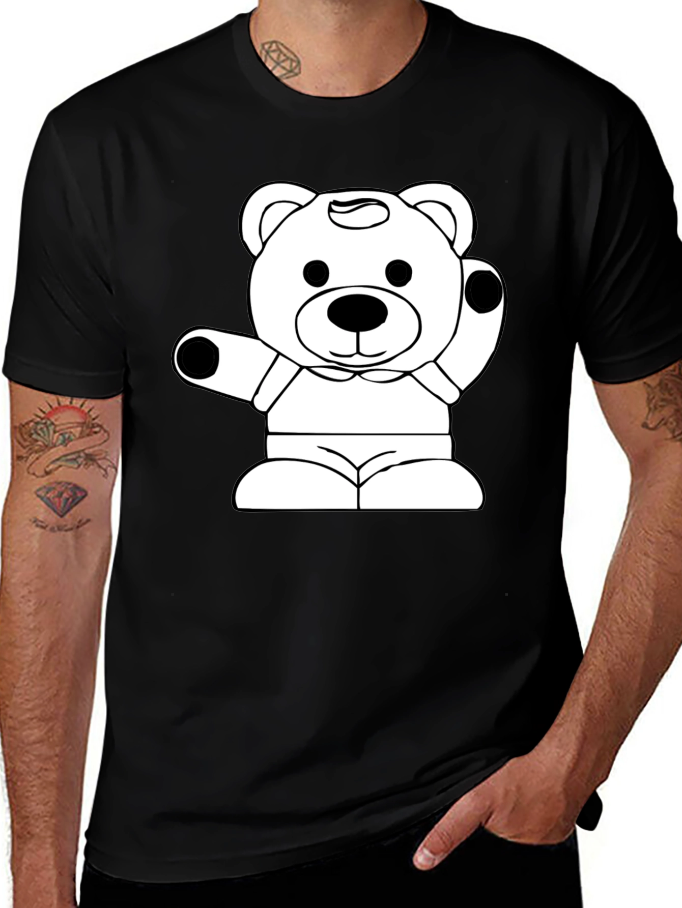 Variant 5 of Cartoon Bear Graphic Tee - Black Cotton Blend