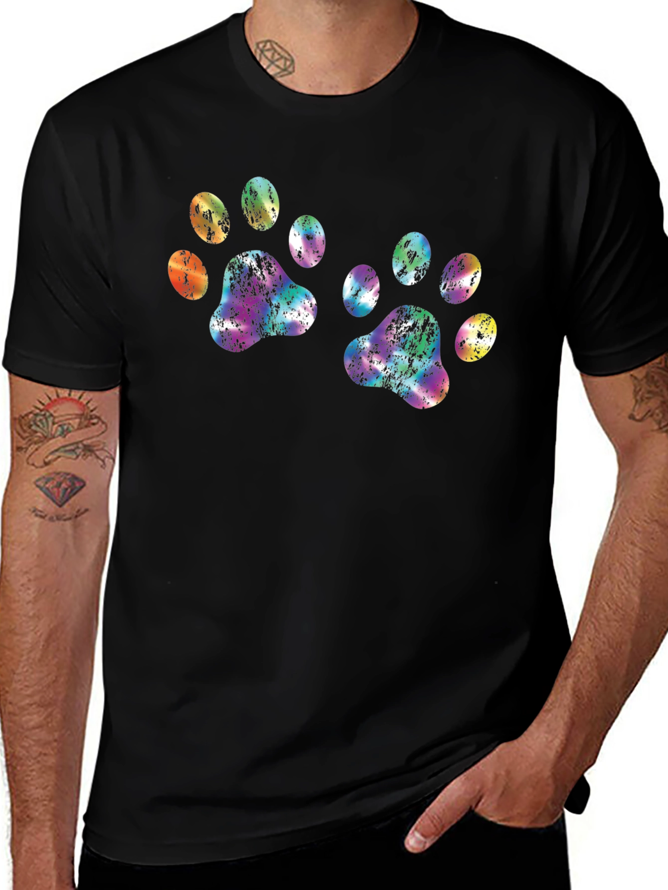 Variant 3 of Colorful Paw Print Graphic Tee - Men's Black T-Shirt