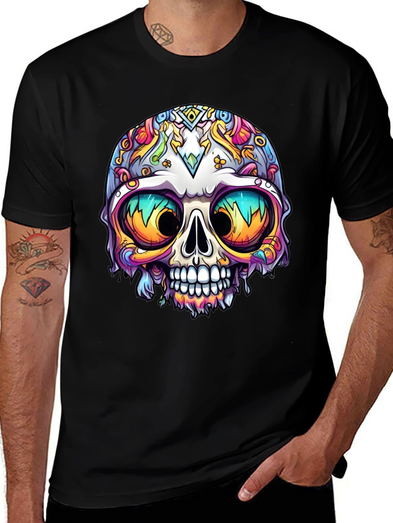 Variant 27 of Vibrant Sugar Skull Graphic Tee - Men's Black T-Shirt