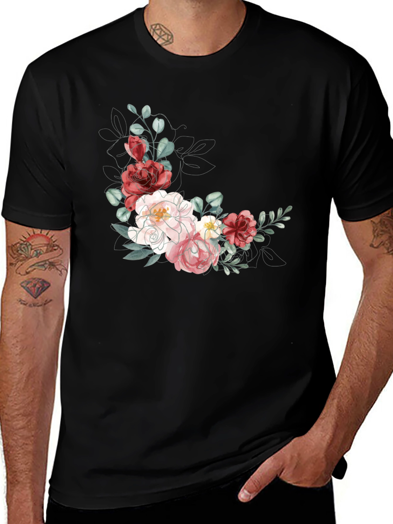 Variant 29 of Floral T-Shirt: Elegant Flower Design, Black Tee