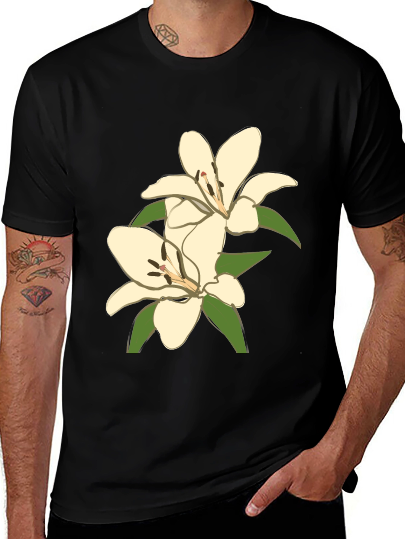 Floral Lily Graphic Tee - Stylish Black T-Shirt