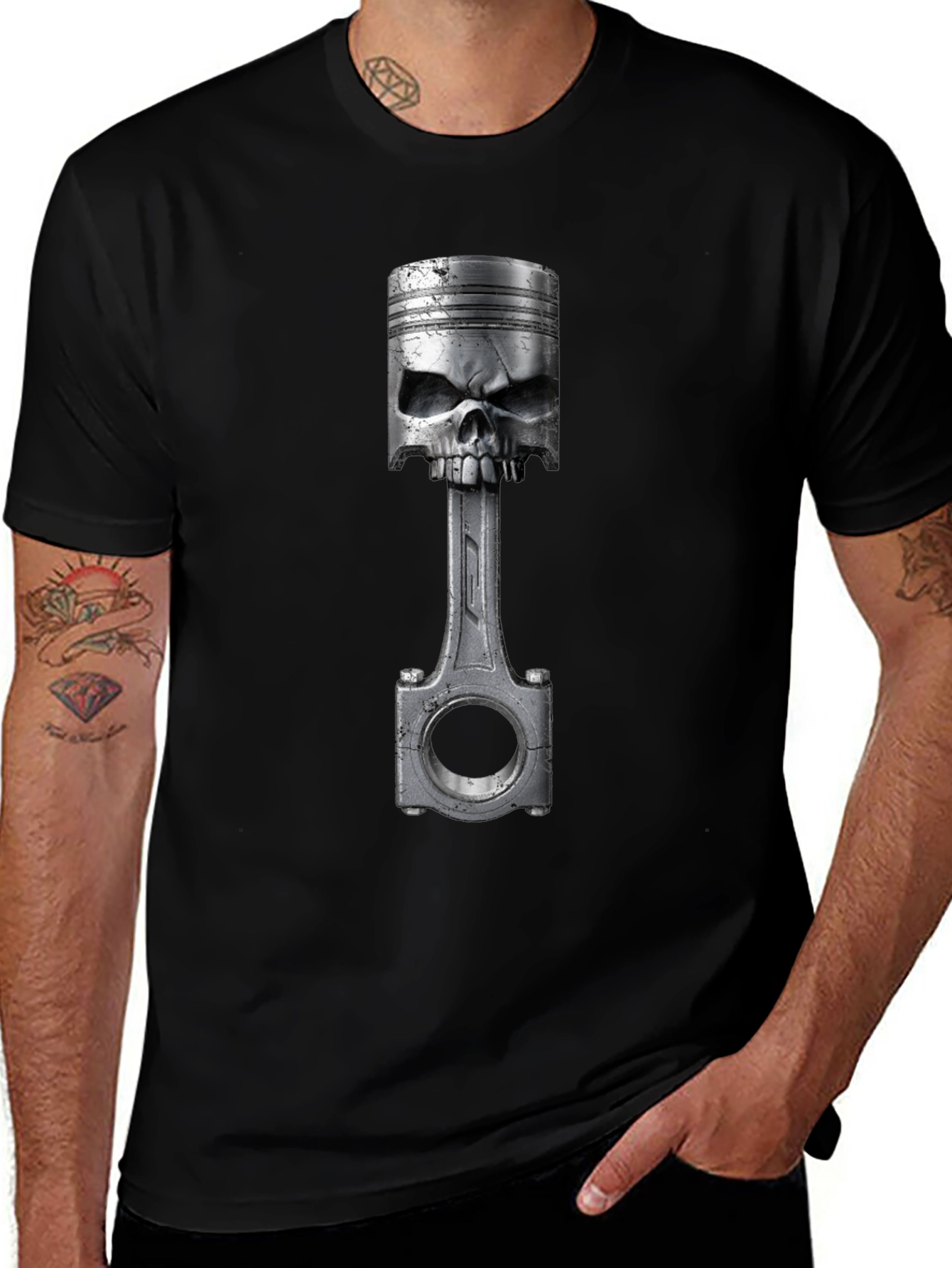 Variant 10 of Skull Piston Graphic T-Shirt - Cool Biker Style