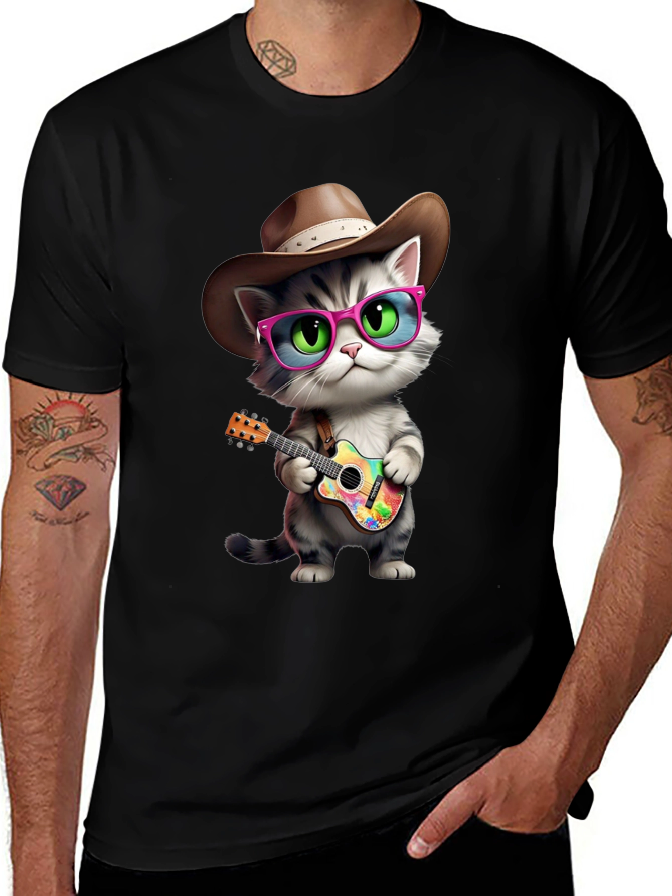 Variant 15 of Cool Cat Cowboy T-Shirt - Playful Guitar Design
