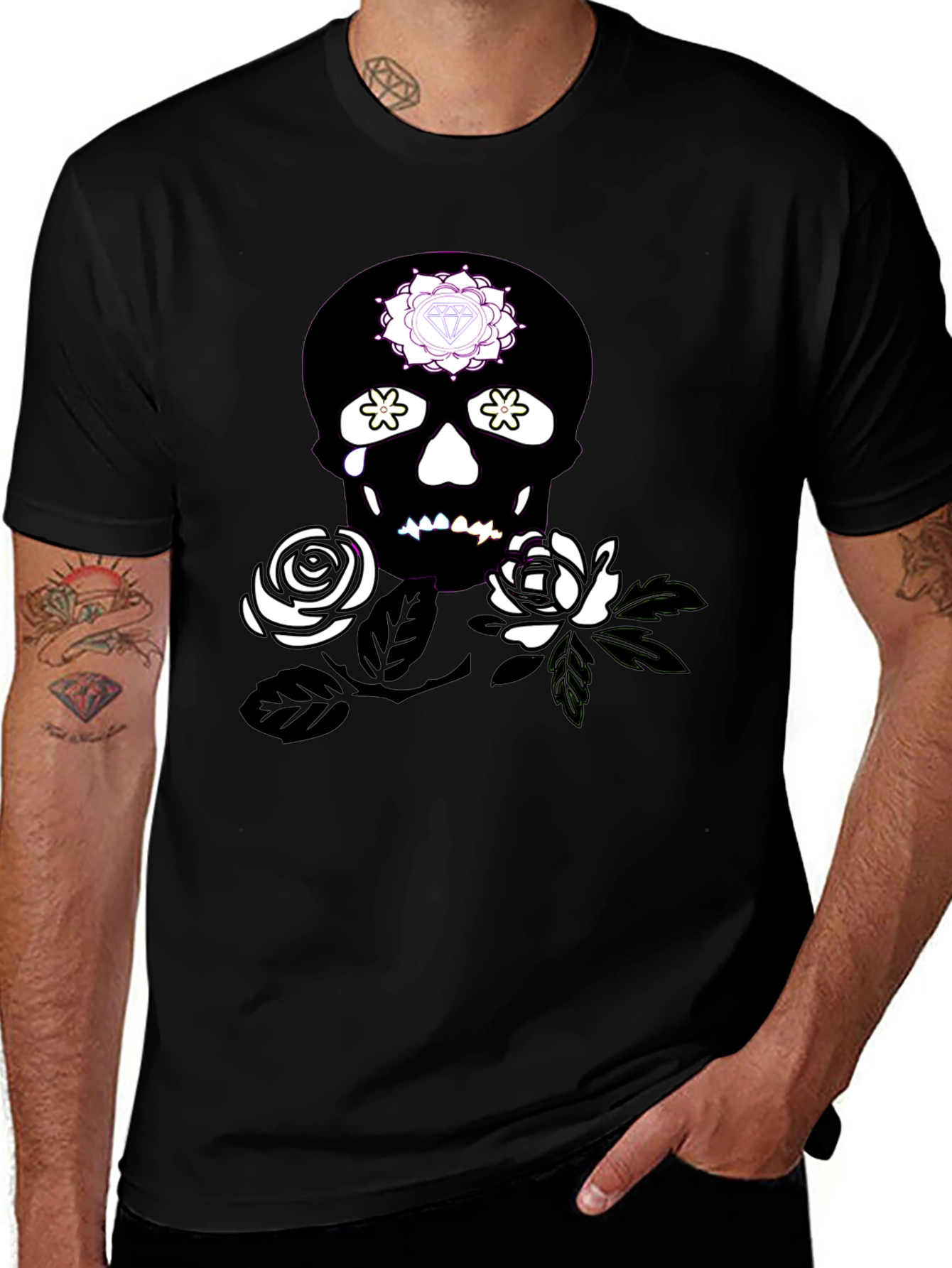 Variant 16 of Skull & Roses Graphic Tee - Black
