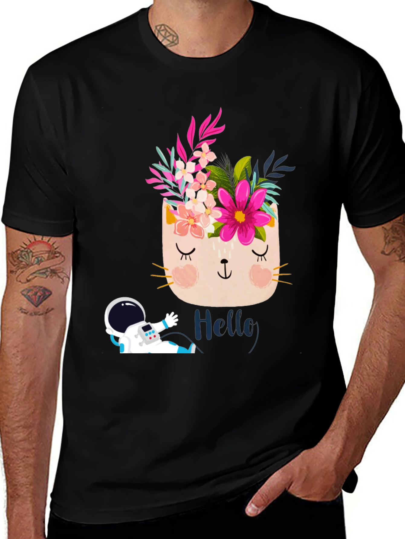 Variant 22 of Floral Cat Astronaut Graphic Black T-Shirt