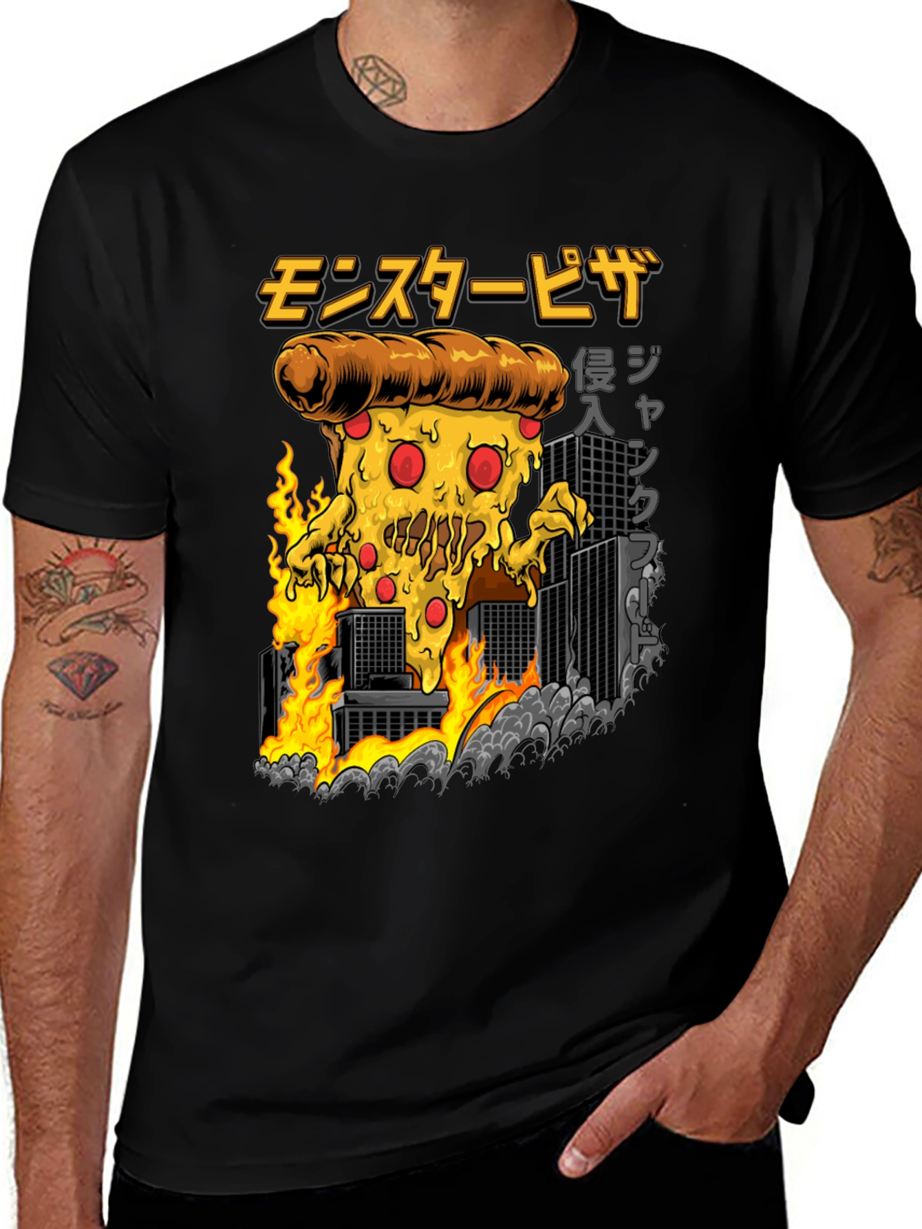 Variant 22 of Monster Pizza Invasion Graphic Tee - Black T-Shirt
