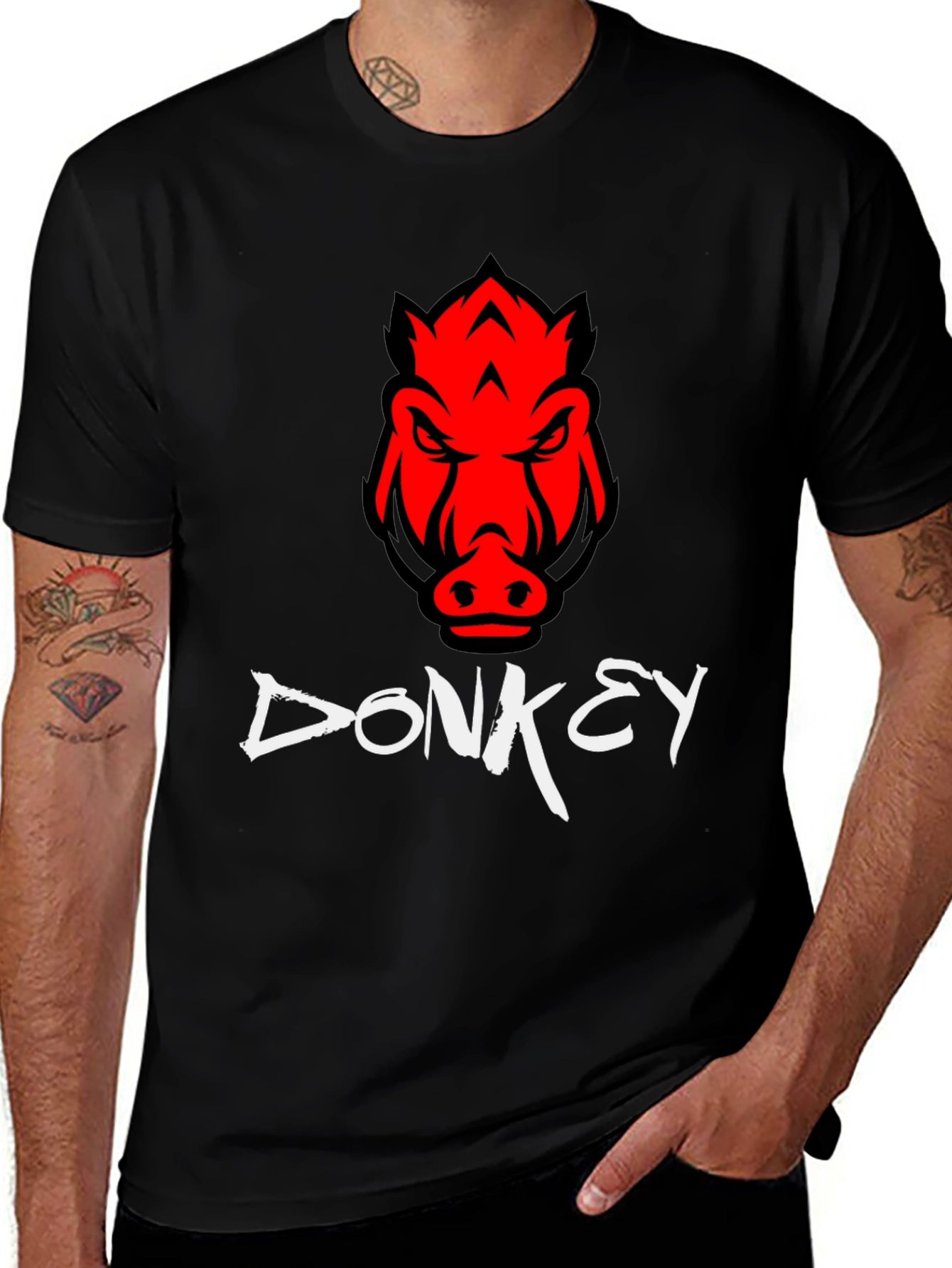 Variant 16 of Men's Black Donkey T-Shirt with Red Boar Design